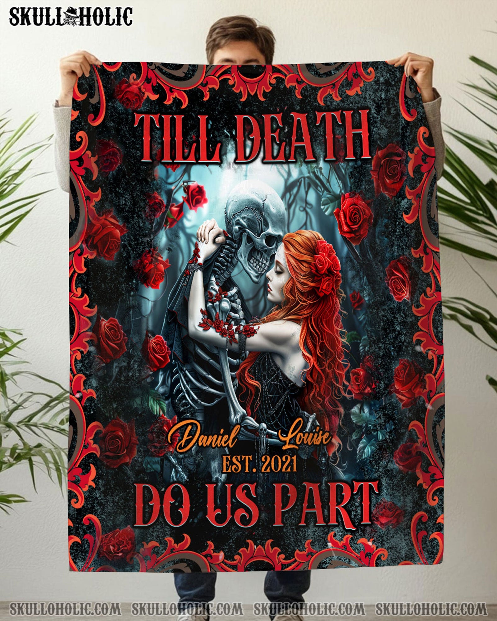 BLISSCORNERS PERSONALIZED TILL DEATH DO US PART COUPLE SKELETON FLEECE BLANKET