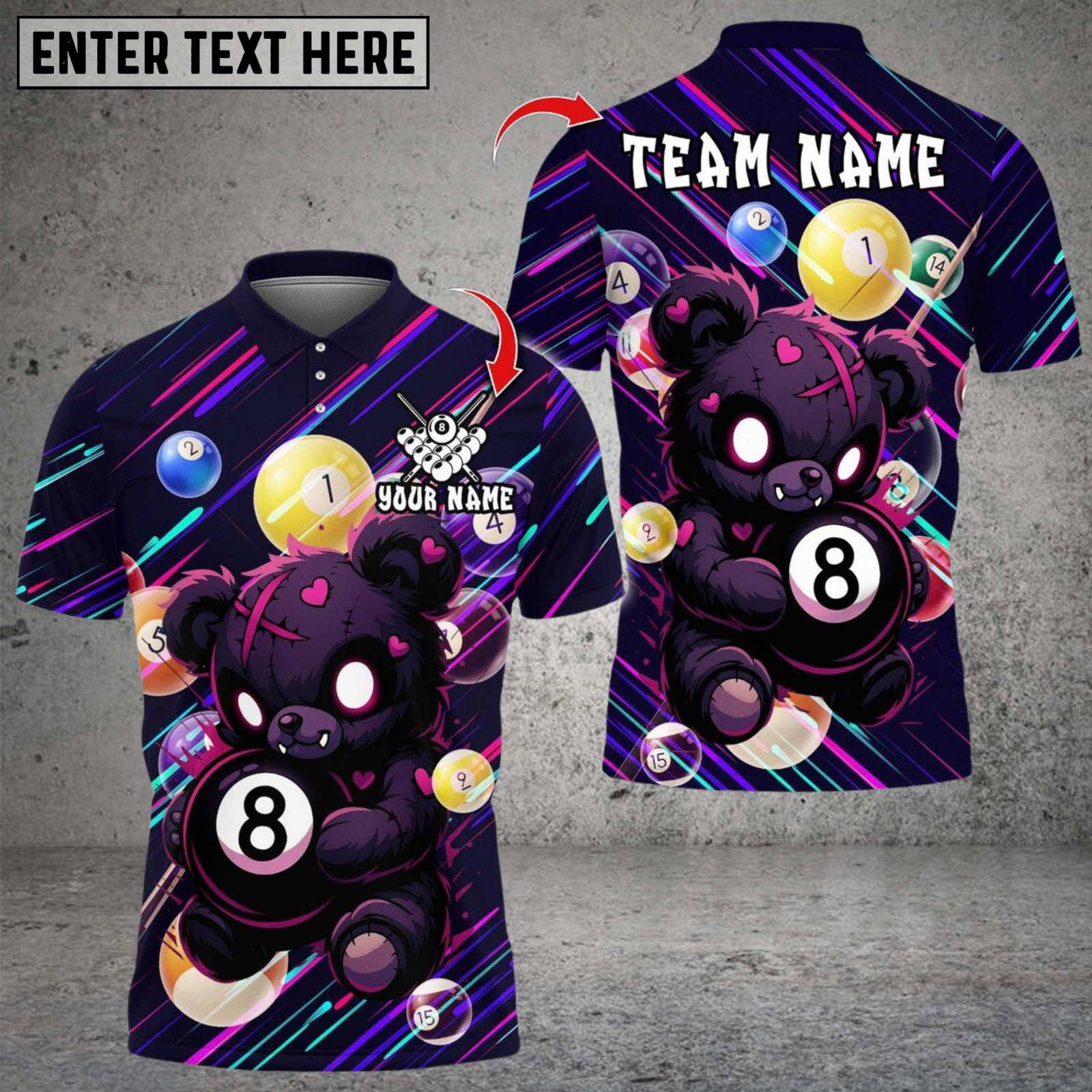 Blisscorners Billiard Scary Teddy Bear With 8 Ball Multicolor Customized Name, Team Name 3D Shirts
