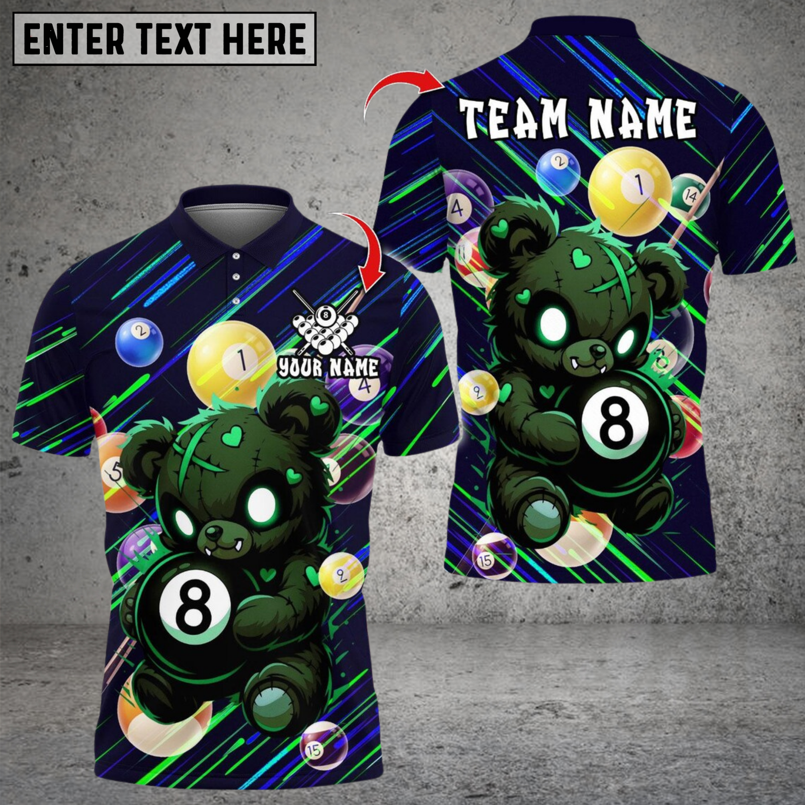 Blisscorners Billiard Scary Teddy Bear With 8 Ball Multicolor Customized Name, Team Name 3D Shirts
