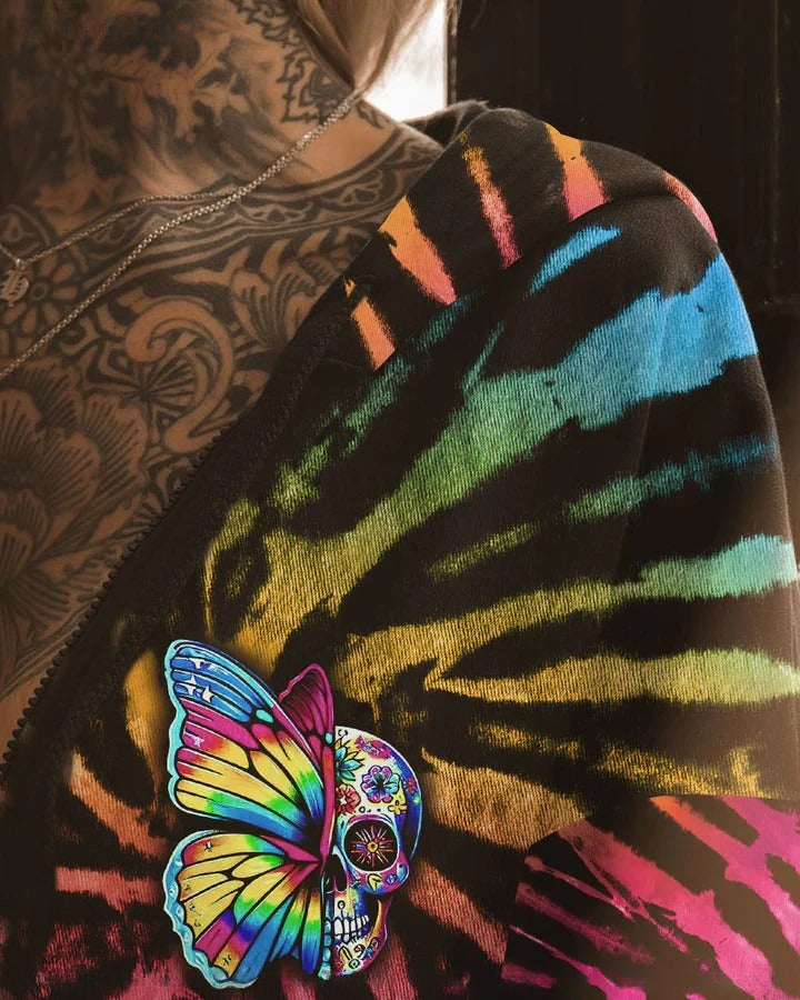 BLISSCORNERS DON'T TRY TO FIGURE ME OUT SKULL BUTTERFLY TIE DYE ALL OVER PRINT