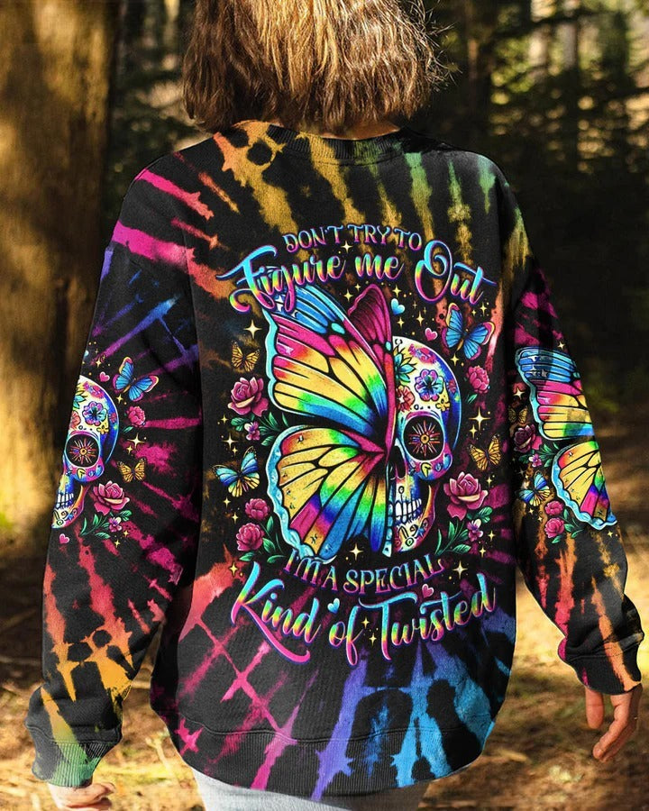 BLISSCORNERS DON'T TRY TO FIGURE ME OUT SKULL BUTTERFLY TIE DYE ALL OVER PRINT