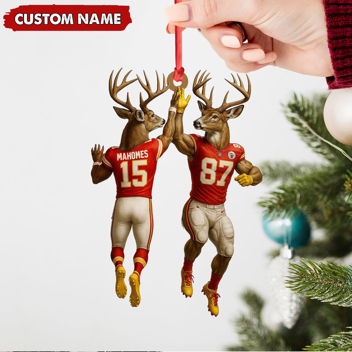 Blisscorners Personalized Football Christmas Ornament, Custom Name Deer Players Red Jersey, Funny Kansas City Football Fan Gift Decoration