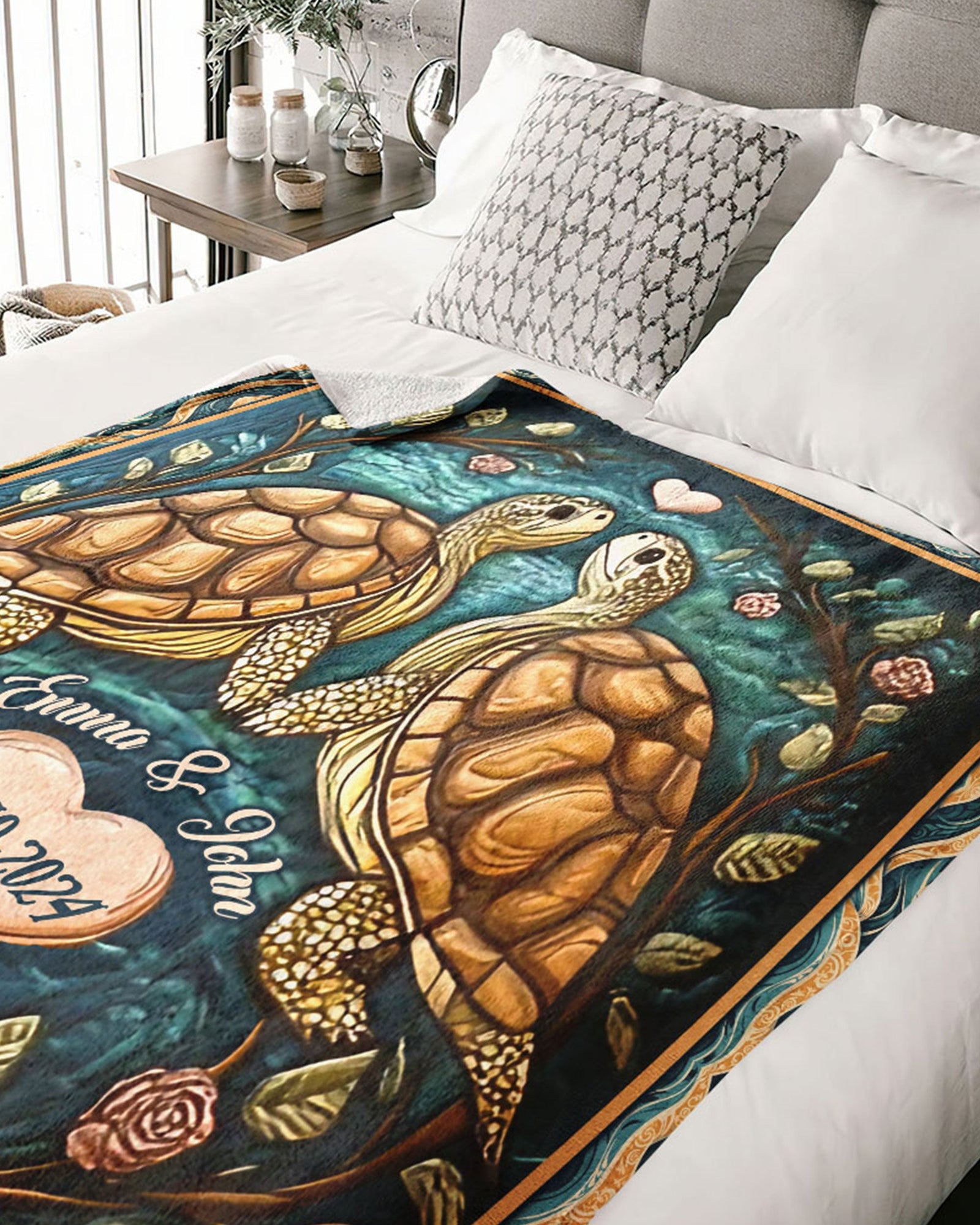 BLISSCORNERS PERSONALIZED COUPLE TURTLE FLEECE BLANKET