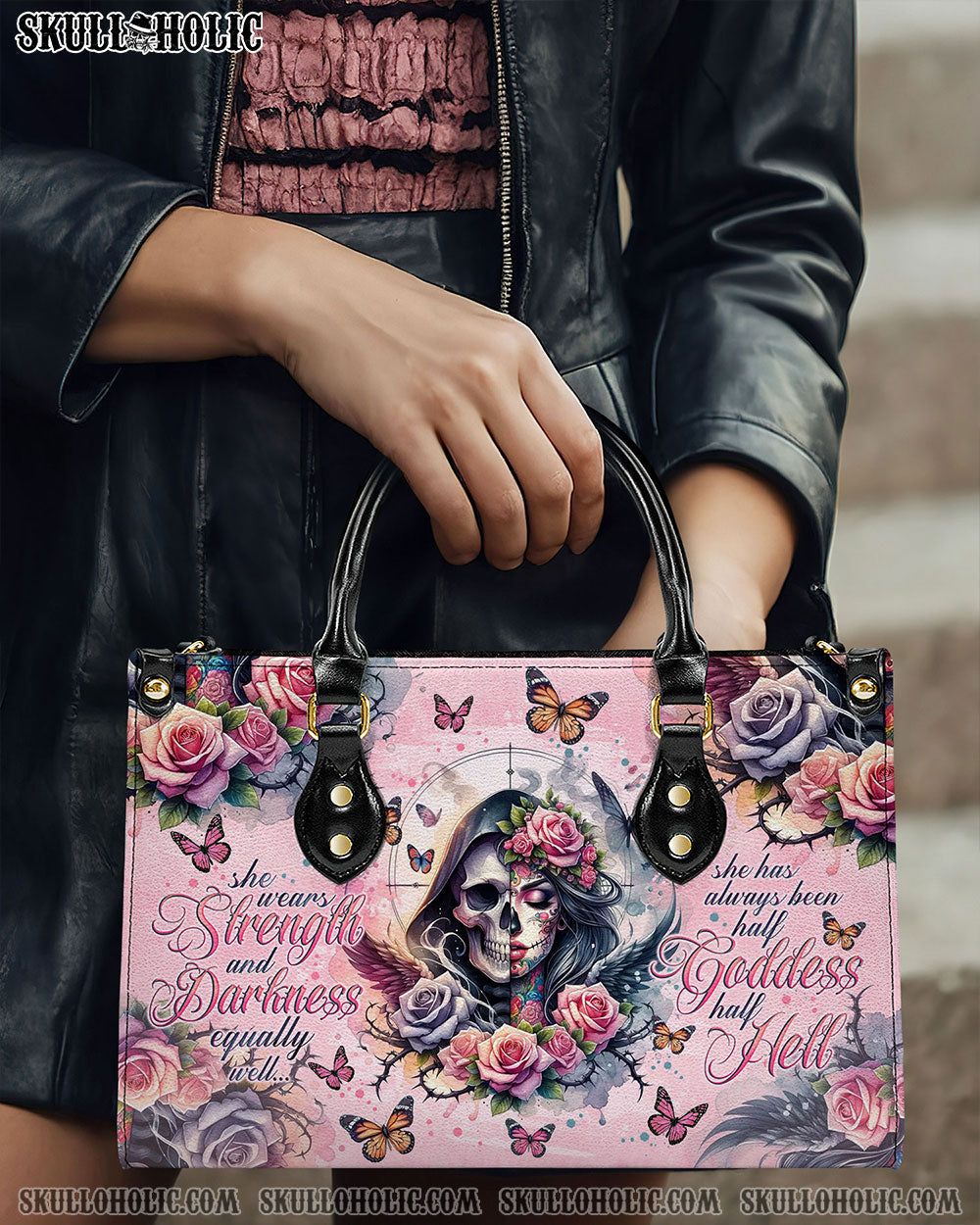 BLISSCORNERS SHE WEARS STRENGTH AND DARKNESS SKULL LEATHER HANDBAG