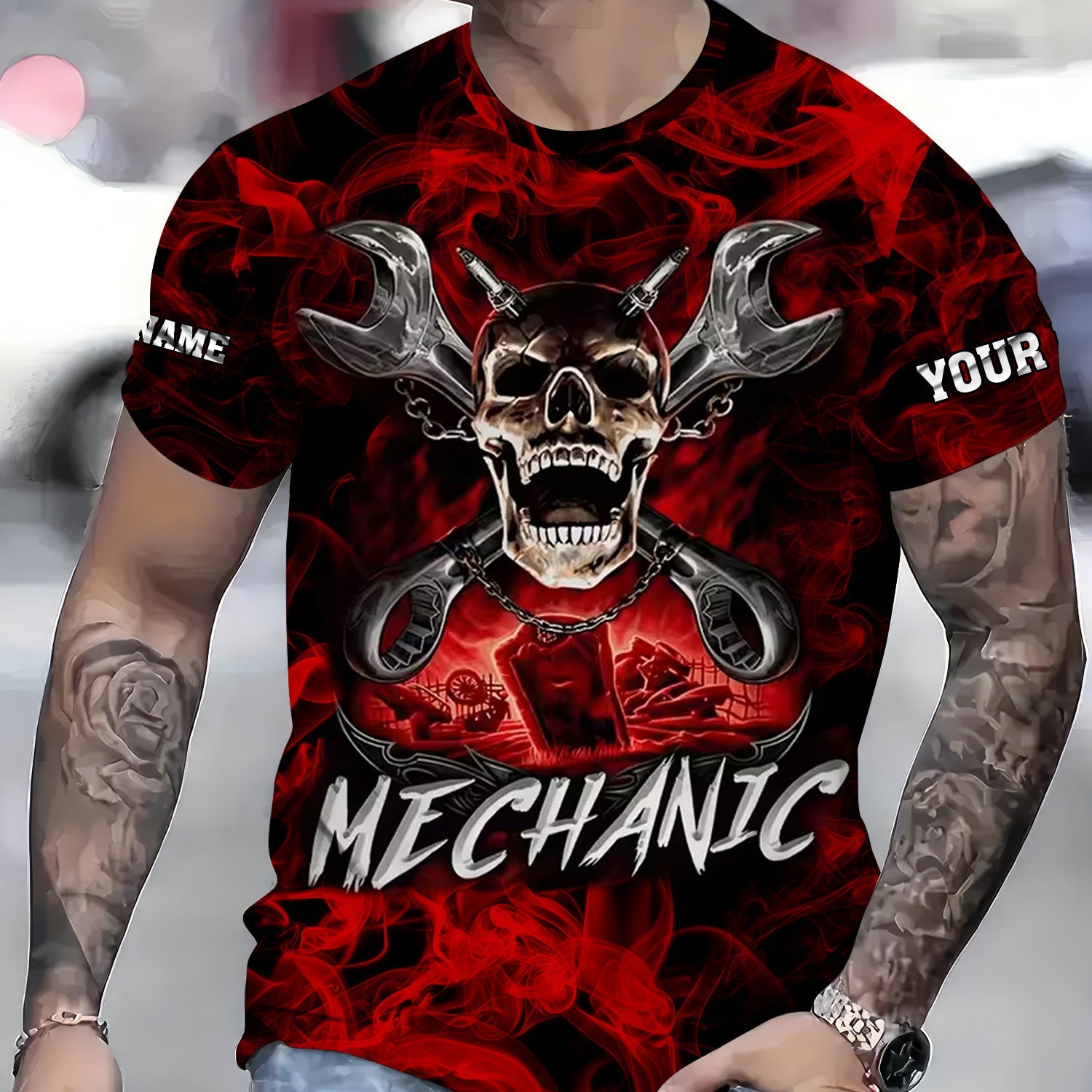 Blisscorners Custom Name Skull Wrench Cross Mechanic Shirt Smoking Style Printed Jacket Hoodie All Over Print