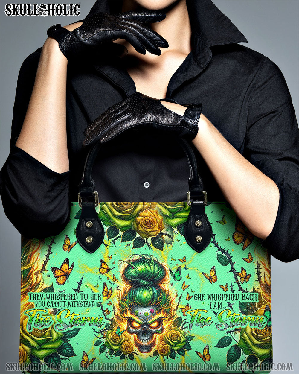 BLISSCORNERS I AM THE STORM SKULL MESSY BUN ROSE LEATHER HANDBAG