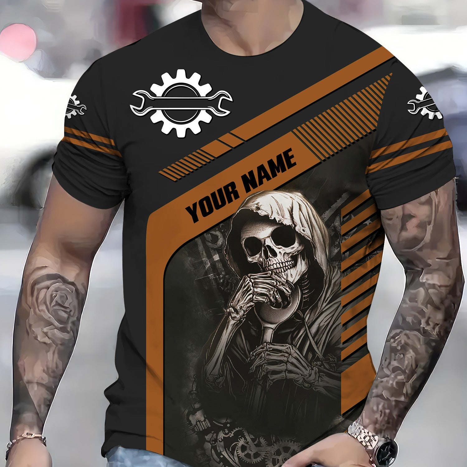 Blisscorners Personalized Mechanic Shirt Custom Name Skull Wrench Auto Repair Garage Workwear Tee Car Repair Shirt Gift For Men Dad Husband Boyfriend