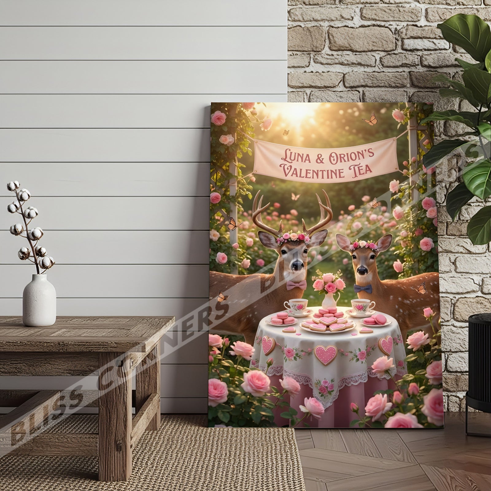 Blisscorners Valentine Deer Couple Tea Party Floral Garden Personalized Name Canvas