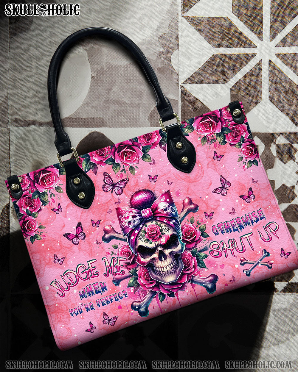 BLISSCORNERS JUDGE ME WHEN MADLY SKULL MESSY BUN LEATHER HANDBAG