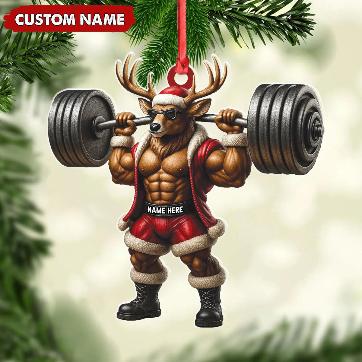 Blisscorners Personalized Acrylic Muscle Deer Christmas Ornament - Custom Weightlifting Holiday Decoration LM0110