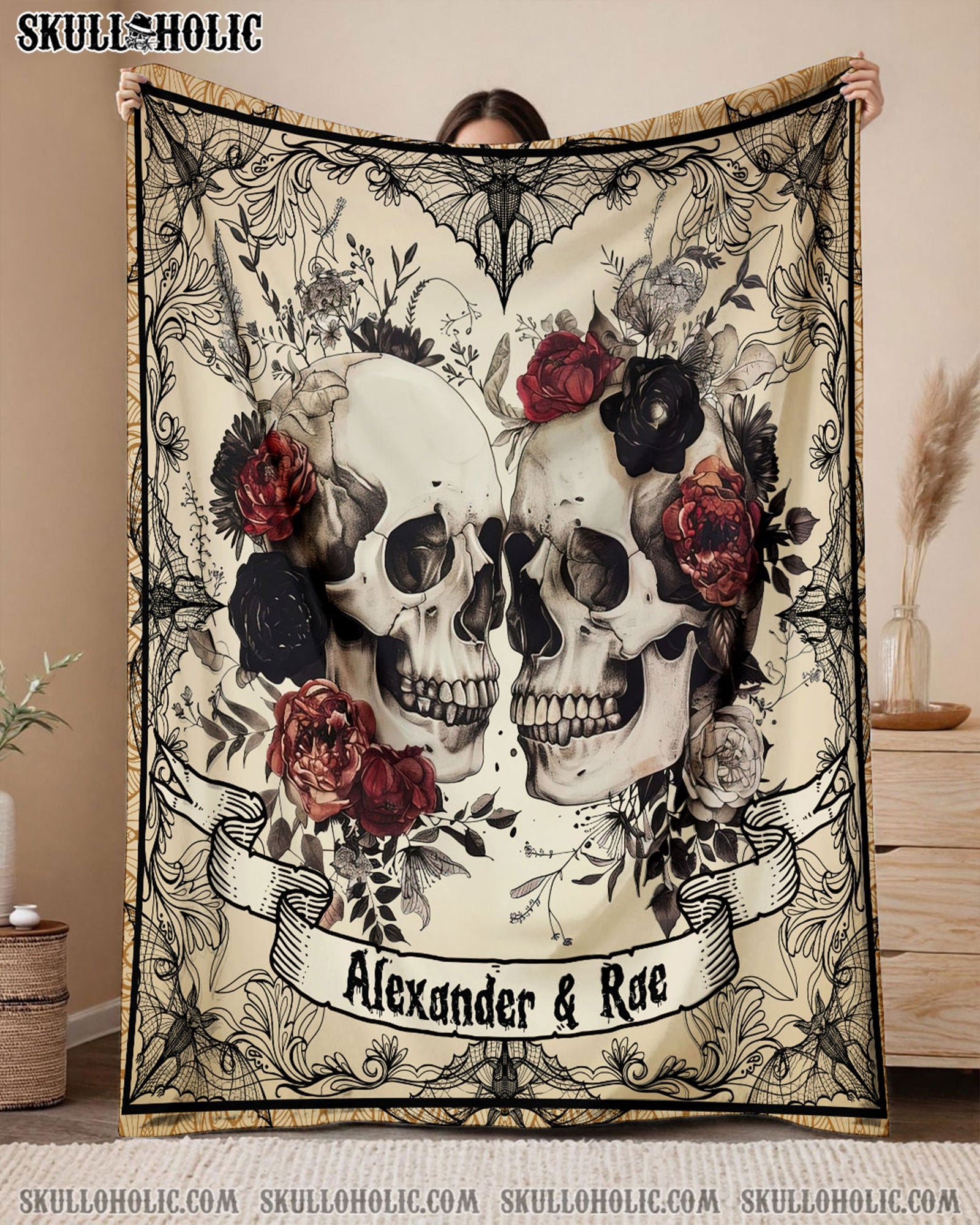 BLISSCORNERS PERSONALIZED SKULL COUPLE FLEECE BLANKET
