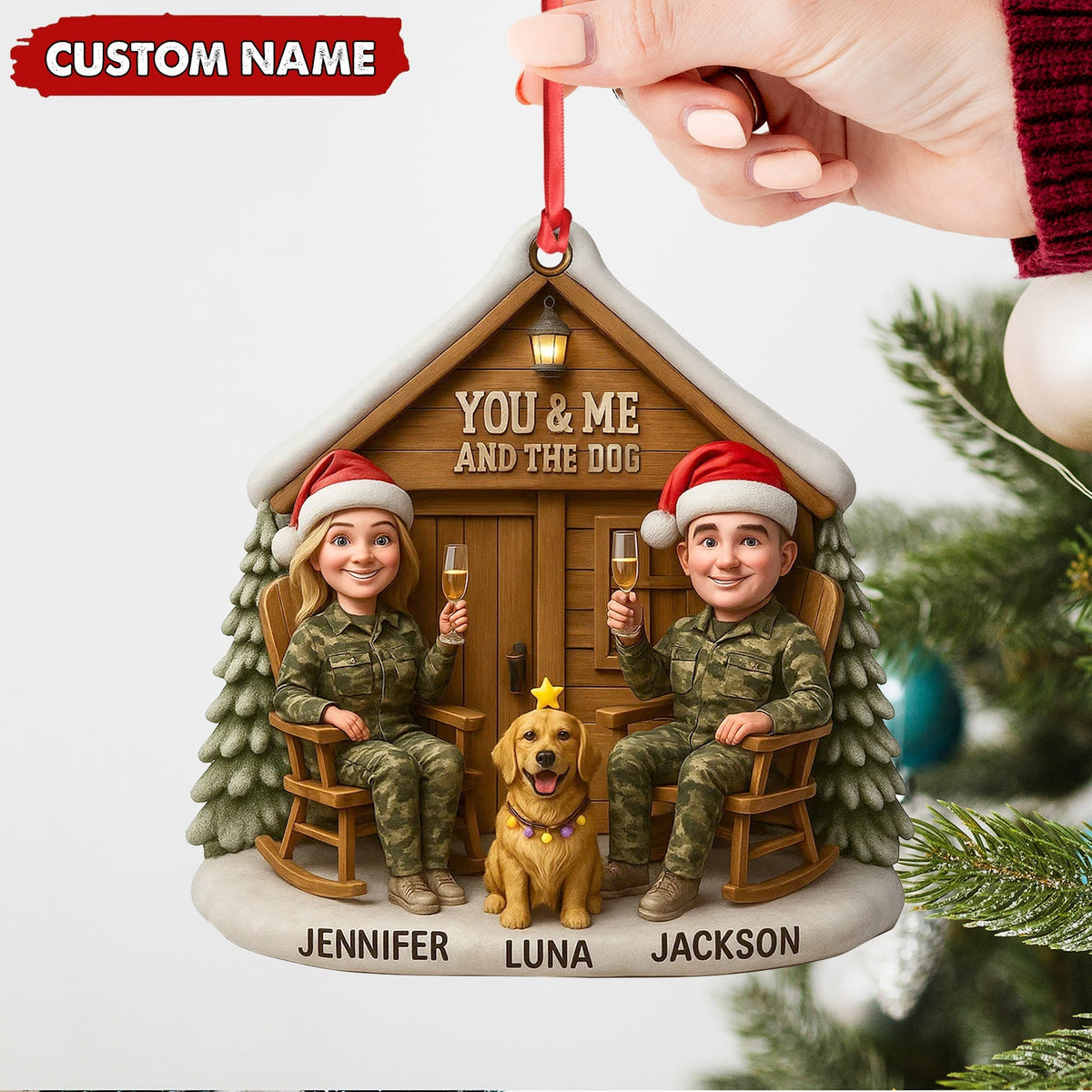 Blisscorners Personalized Hunter Couple Dog Christmas Ornament, Custom Name “You and Me and the Dog” Cabin, Cute Hunting Family Pet Lover Gift