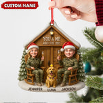 Blisscorners Personalized Hunter Couple Dog Christmas Ornament, Custom Name “You and Me and the Dog” Cabin, Cute Hunting Family Pet Lover Gift