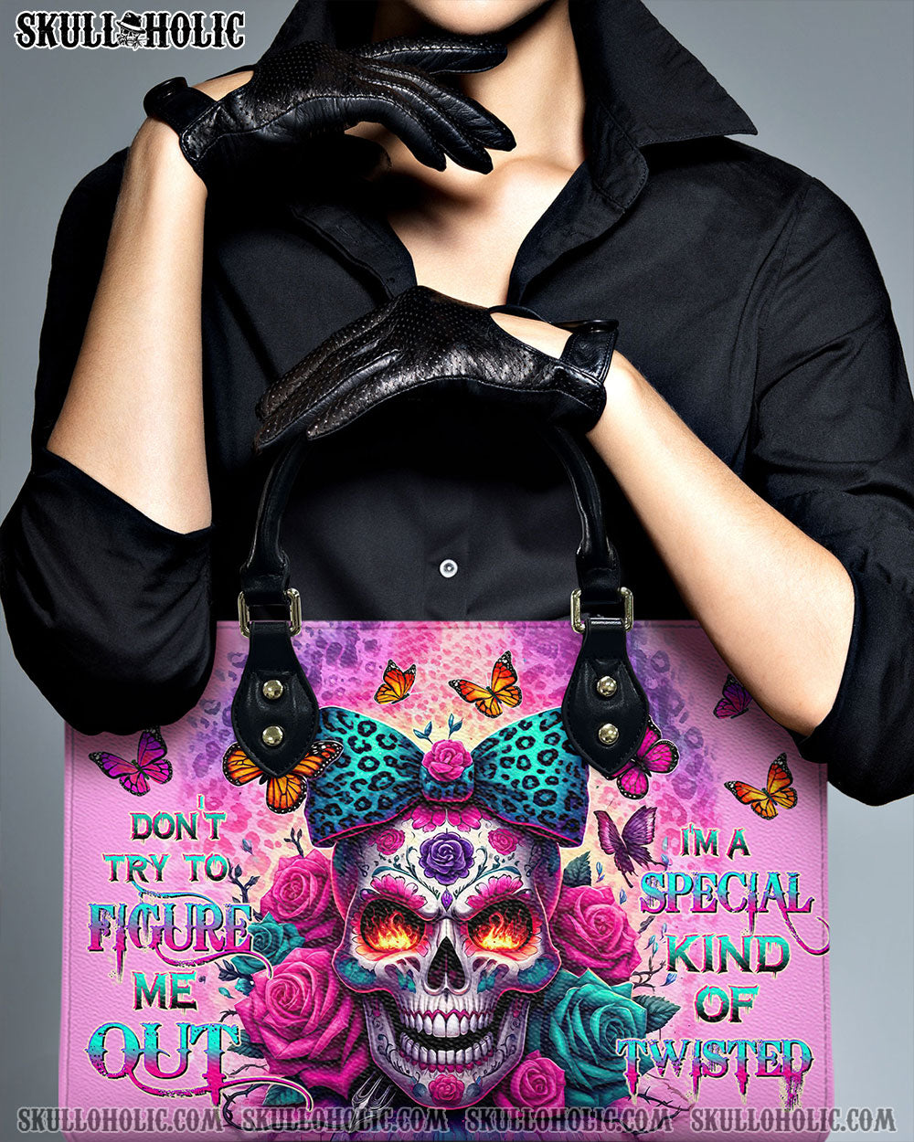 BLISSCORNERS DON'T TRY TO FIGURE ME OUT SUGAR SKULL LEOPARD LEATHER HANDBAG