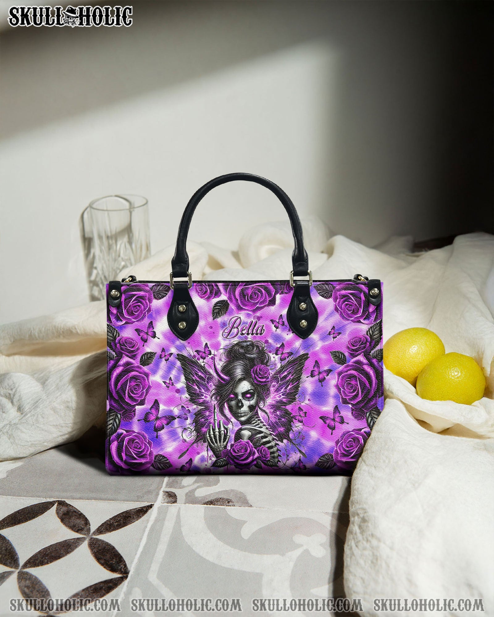 BLISSCORNERS SKULL MESSY BUN WITH BUTTERFLY LEATHER HANDBAG