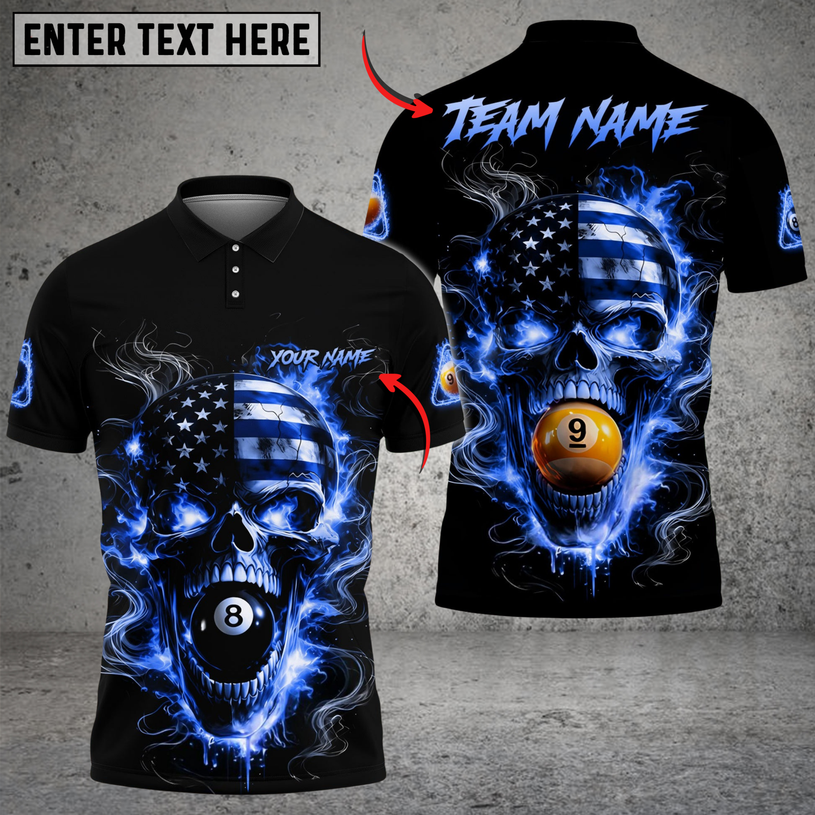 Blisscorners Billiards 8 Ball 9 Ball Flame American Flag Skull Customized Name, Team Name 3D Shirt (4 Colors)