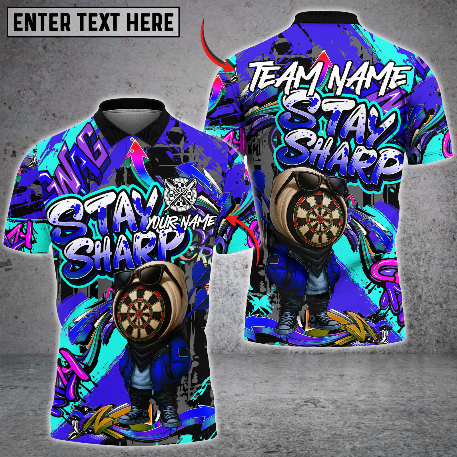 Blisscorners Darts Graffiti Dartboard Character Stay Sharp Multicolor Customized Name, Team Name 3D Shirts