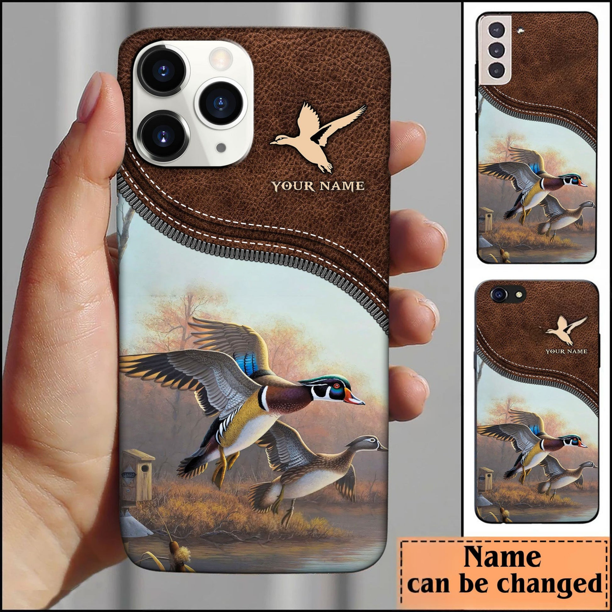 Blisscorners Duck Hunting Leather Pattern Personalized Name Phone Case LM0912