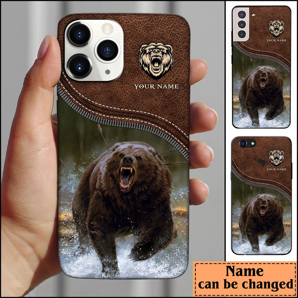Blisscorners Bear Hunting Leather Pattern Personalized Name Phone Case LM0912