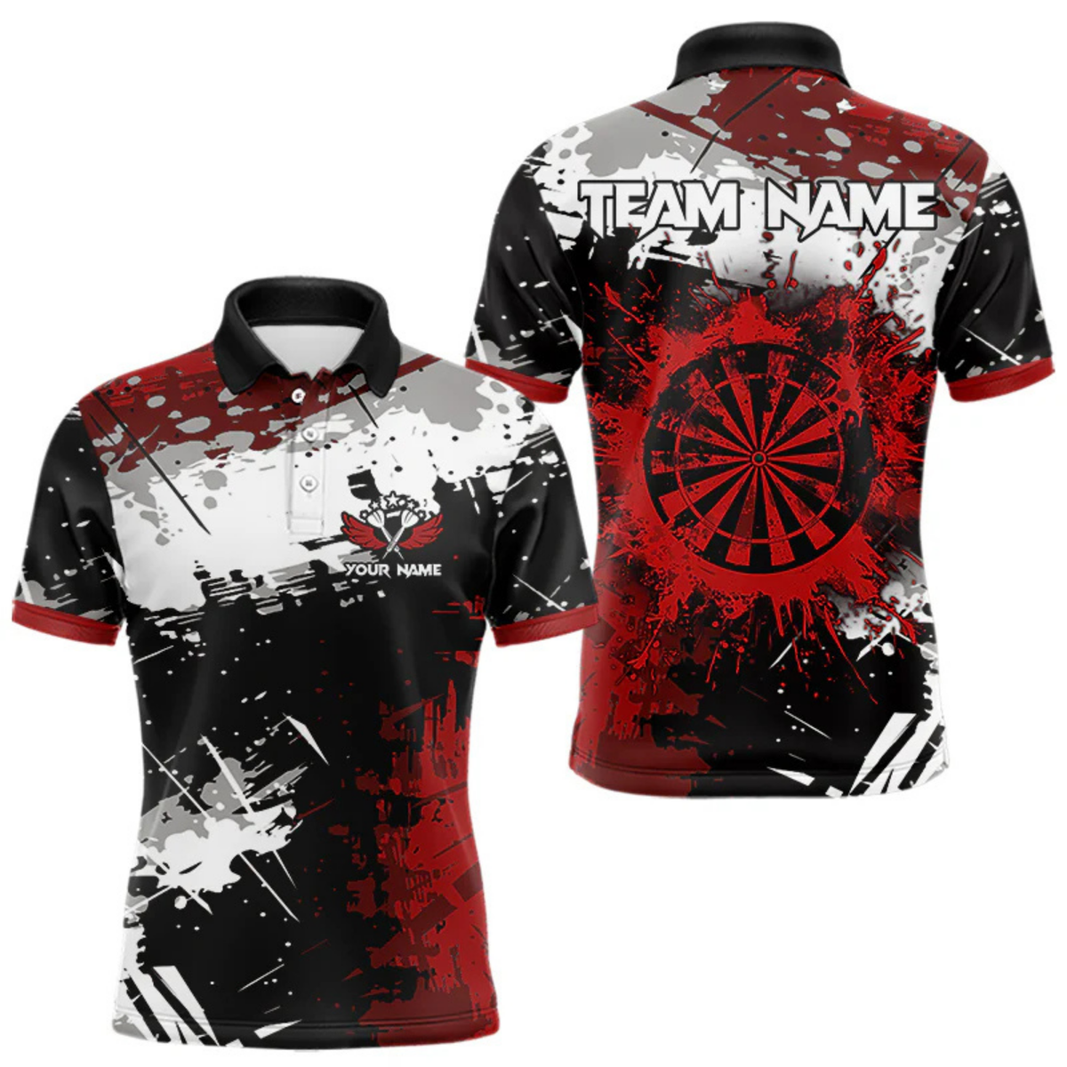 Blisscorners Red Grunge Paint Splash Dart Polo & Quarter Zip Custom Dart Shirts For Men Darts Team Jerseys LM064
