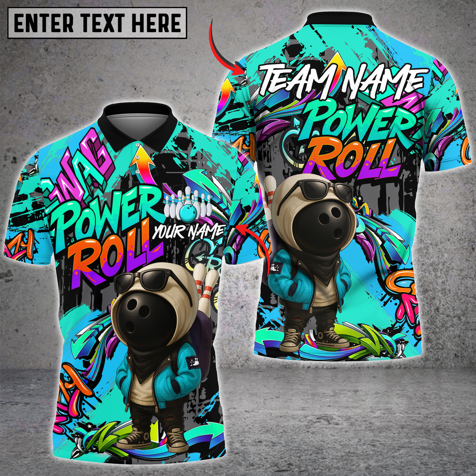 Blisscorners Bowling Graffiti Ball Character Power Roll Multicolor Customized Name, Team Name 3D Shirts