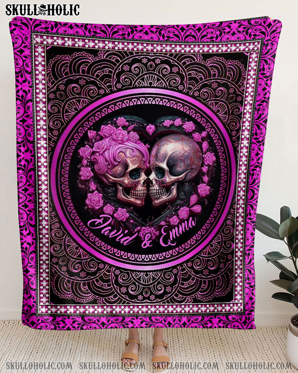 BLISSCORNERS PERSONALIZED SKULL COUPLE FLEECE BLANKET