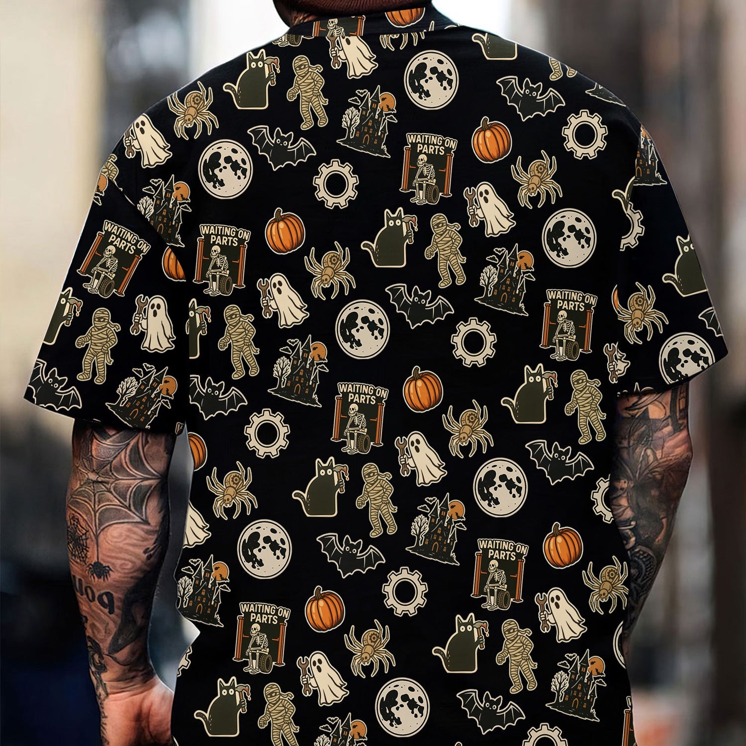 Blisscorners Funny Halloween Mechanic T Shirt, Spooky Pumpkin Ghost Mummy Spider Bat Moon Costume Tee Funny Scary Shirt for Mechanic