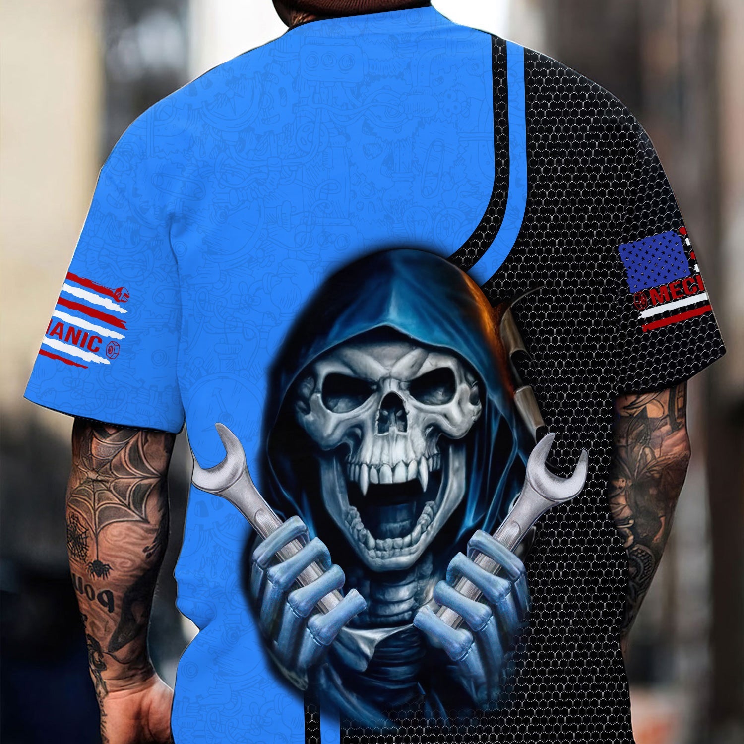 Blisscorners Mechanic Skull Shirt with Wrenches, Cool Automotive Apparel for Car Lovers, Gift for Mechanics & DIY Enthusiasts