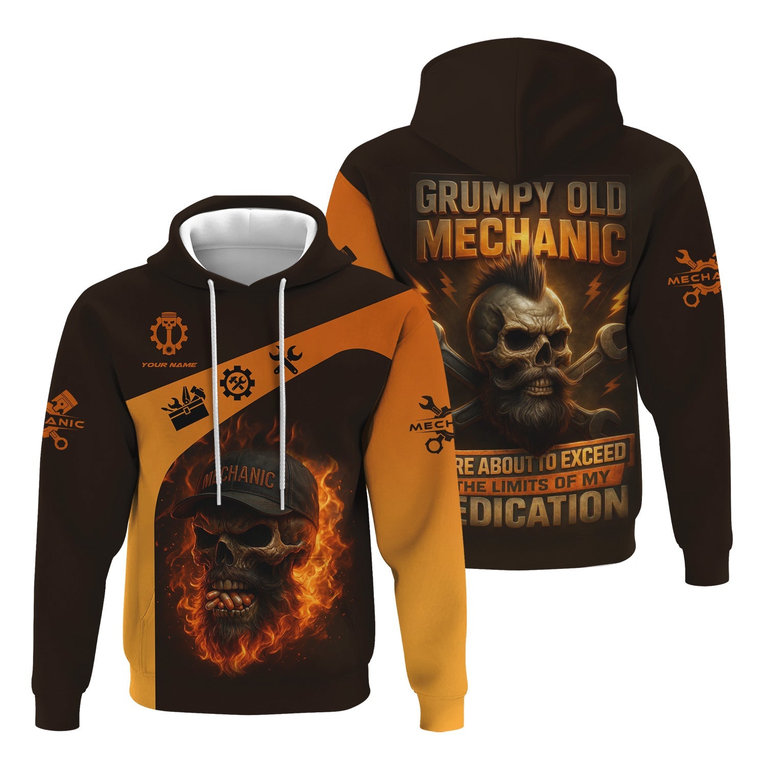 Blisscorners Personalized T-Shirt Grumpy Old Mechanic You're About To Exceed The Limits Of My Medication Flame Skull Design Shirt