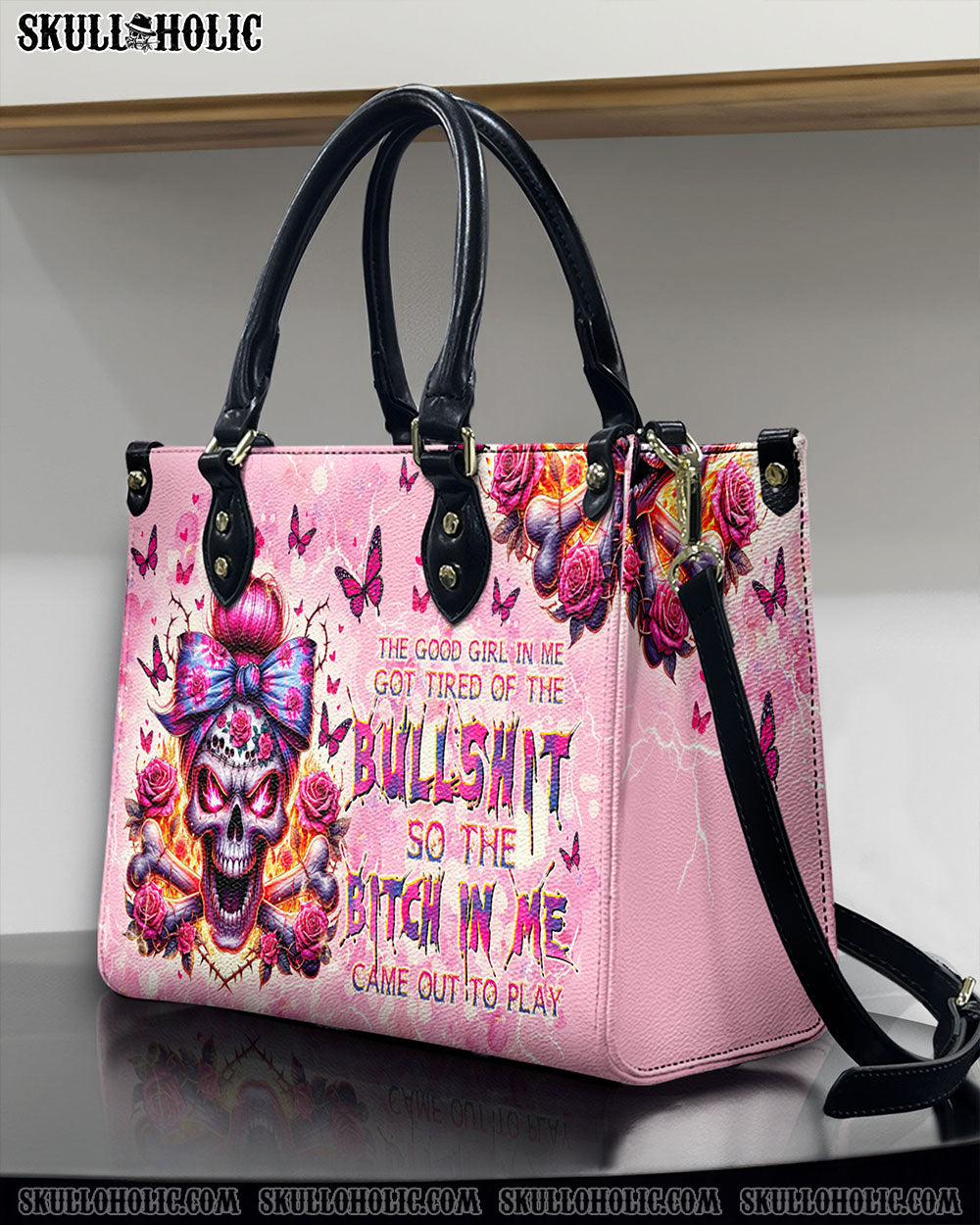 BLISSCORNERS THE GOOD GIRL IN ME MESSY BUN SKULL LEATHER HANDBAG