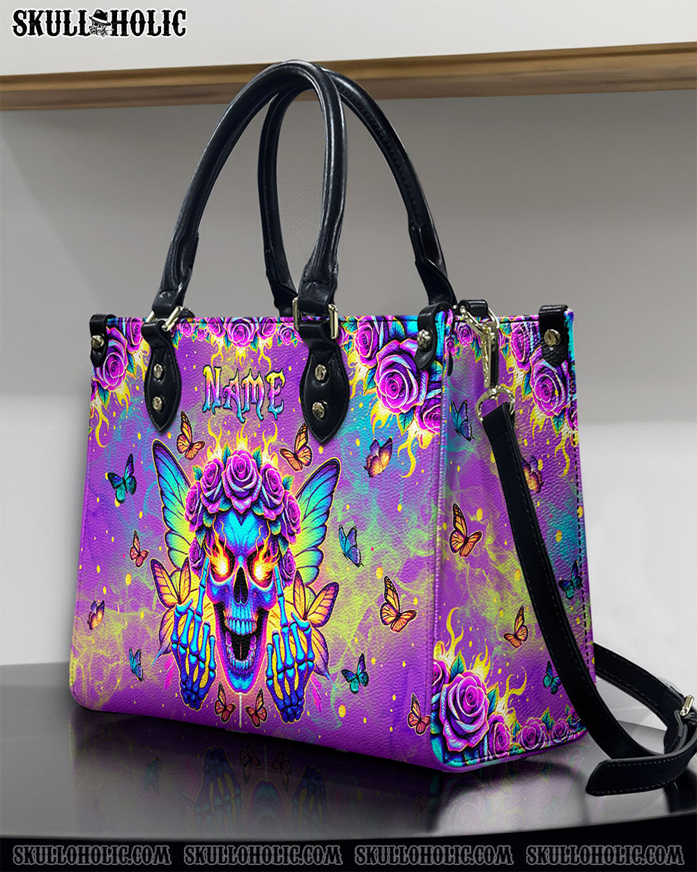 BLISSCORNERS SKULL BUTTERFLY ART LEATHER HANDBAG