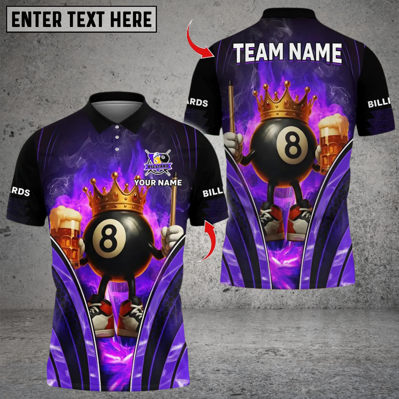 Blisscorners Billiard Flaming Crown 8 Ball With Beer Multicolor Customized Name, Team Name 3D Shirts