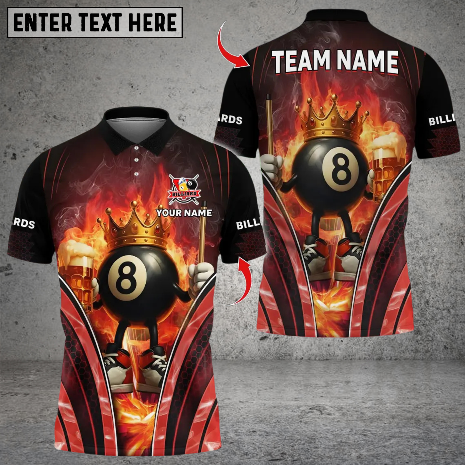 Blisscorners Billiard Flaming Crown 8 Ball With Beer Multicolor Customized Name, Team Name 3D Shirts