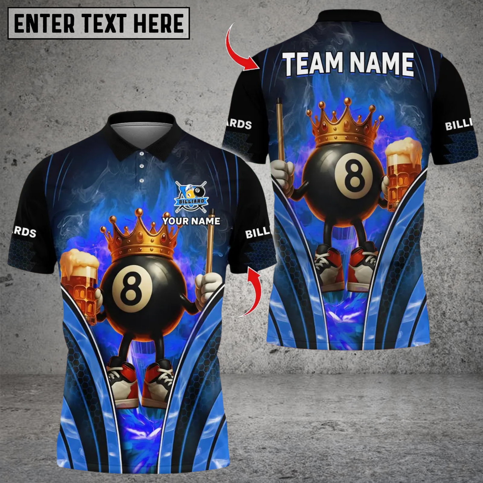 Blisscorners Billiard Flaming Crown 8 Ball With Beer Multicolor Customized Name, Team Name 3D Shirts