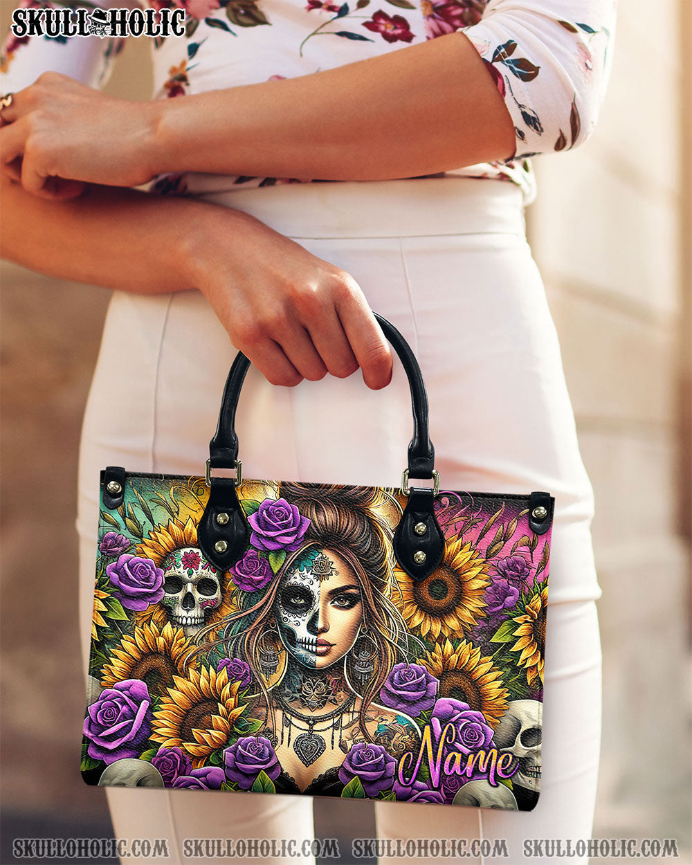 BLISSCORNERS SKULL LADY FLOWER LEATHER HANDBAG