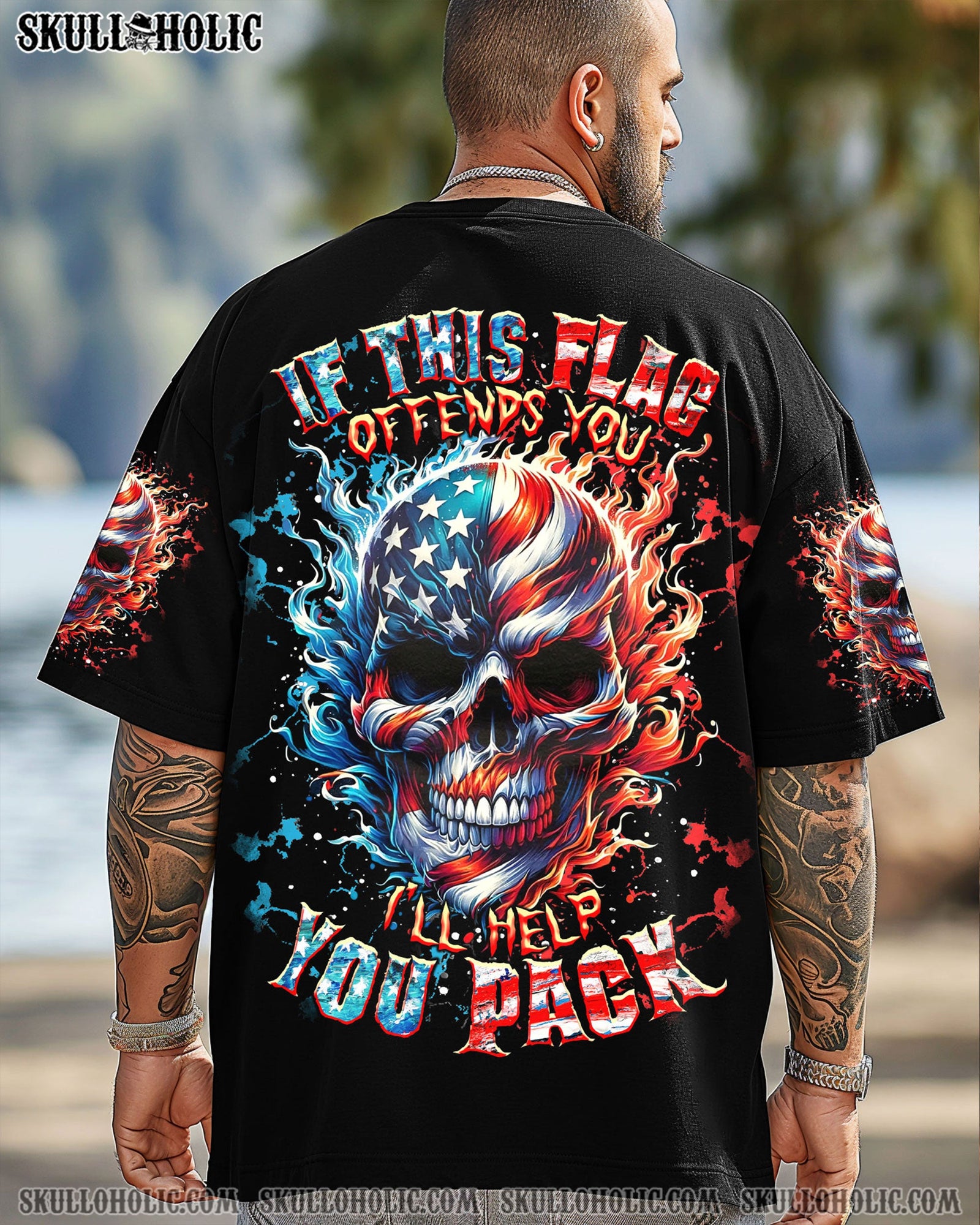 BLISSCORNERS IF THIS FLAG OFFENDS YOU I'LL HELP YOU PACK SKULL ALL OVER PRINT