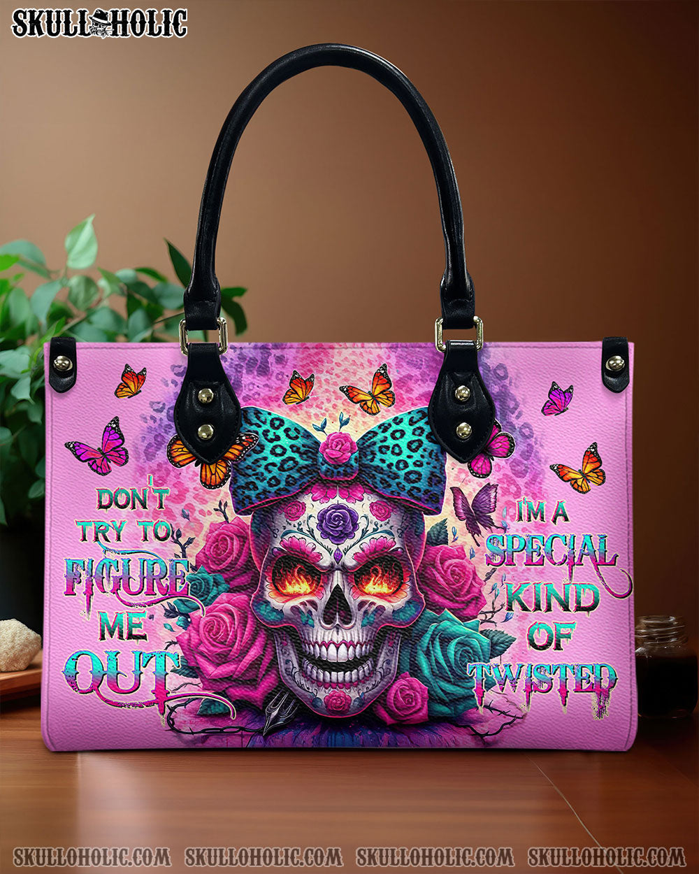 BLISSCORNERS DON'T TRY TO FIGURE ME OUT SUGAR SKULL LEOPARD LEATHER HANDBAG