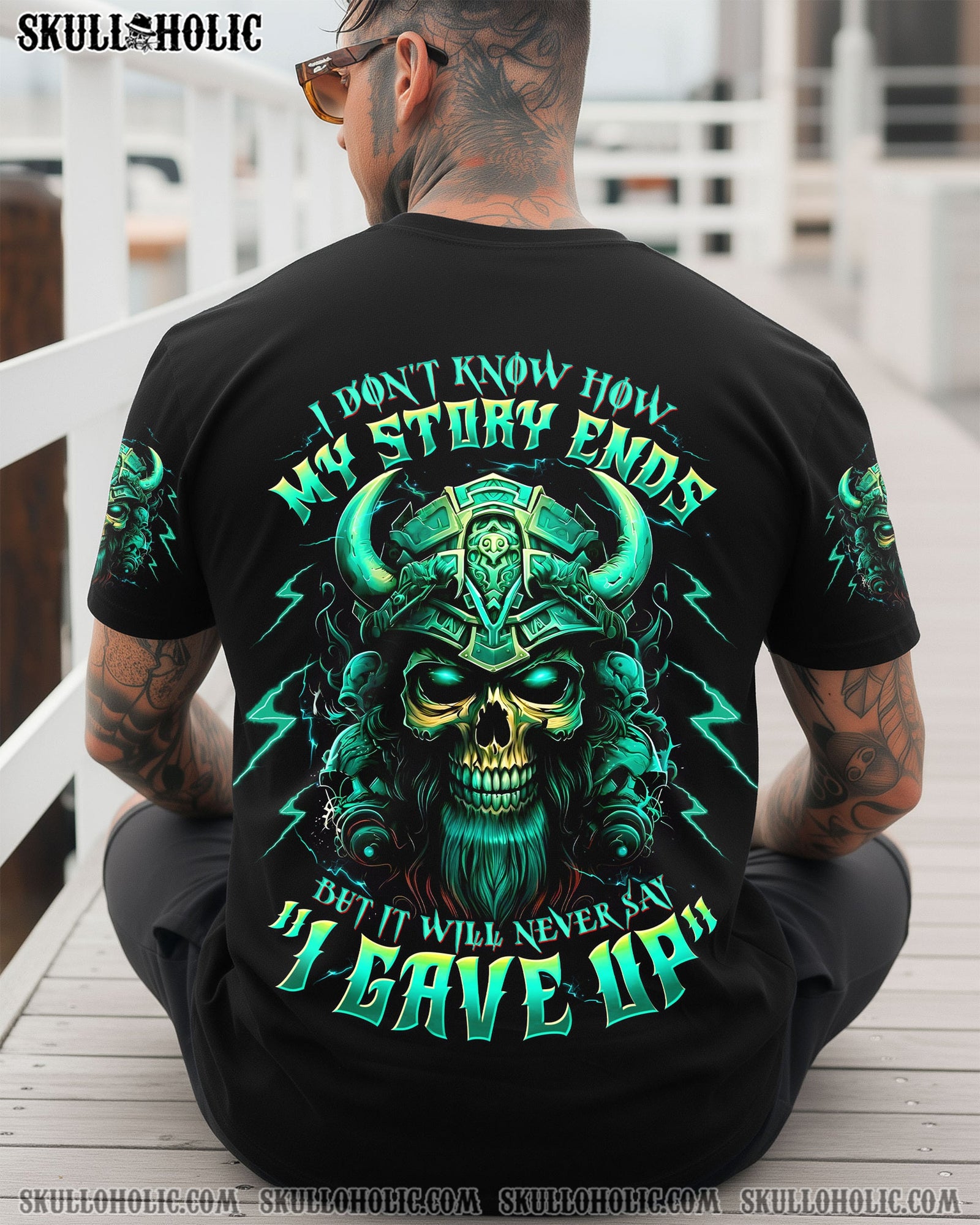 BLISSCORNERS NEVER SAY I GAVE UP SKULL WARRIOR VIKING ALL OVER PRINT