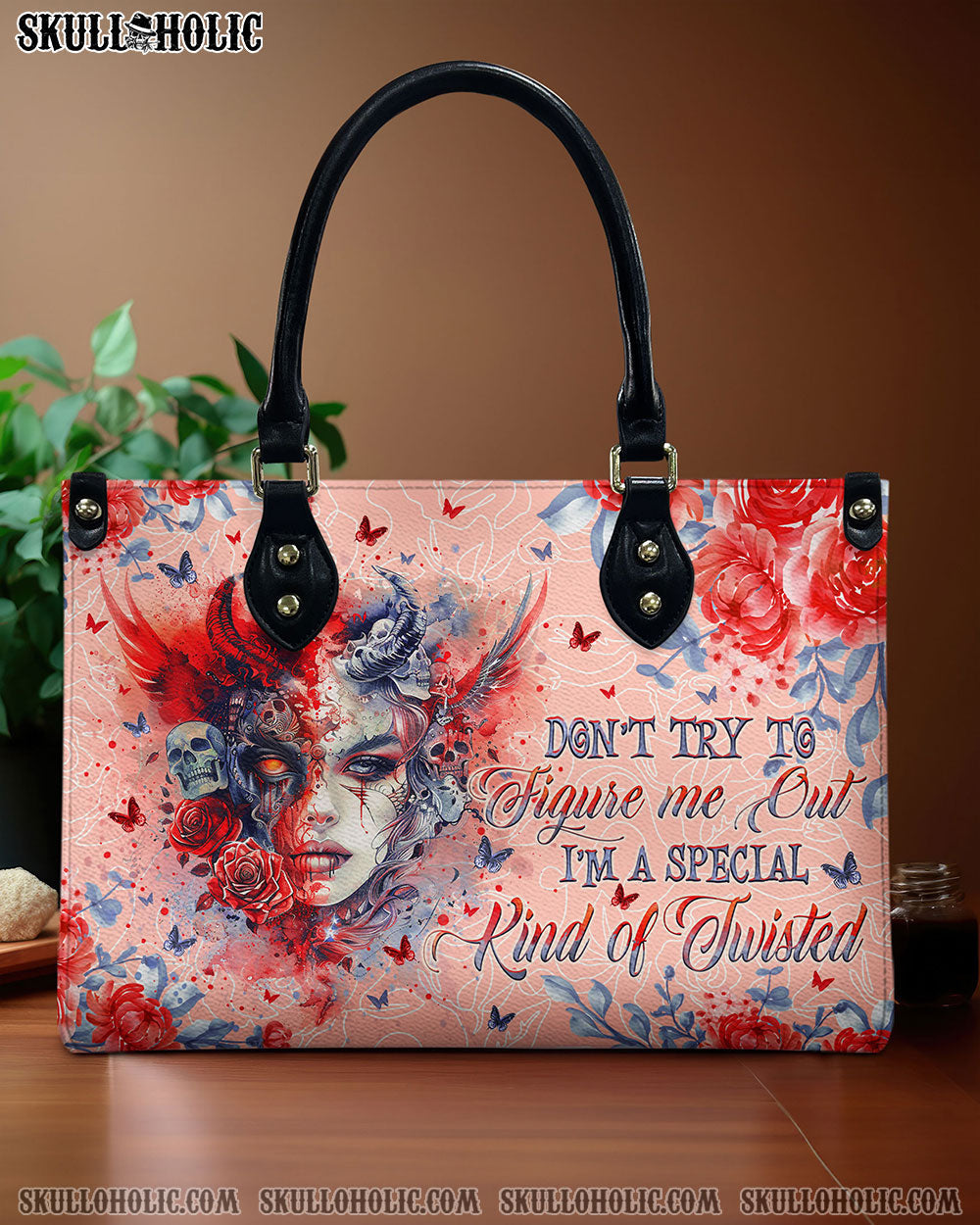 BLISSCORNERS DON'T TRY TO FIGURE ME OUT SKULL LADY LEATHER HANDBAG