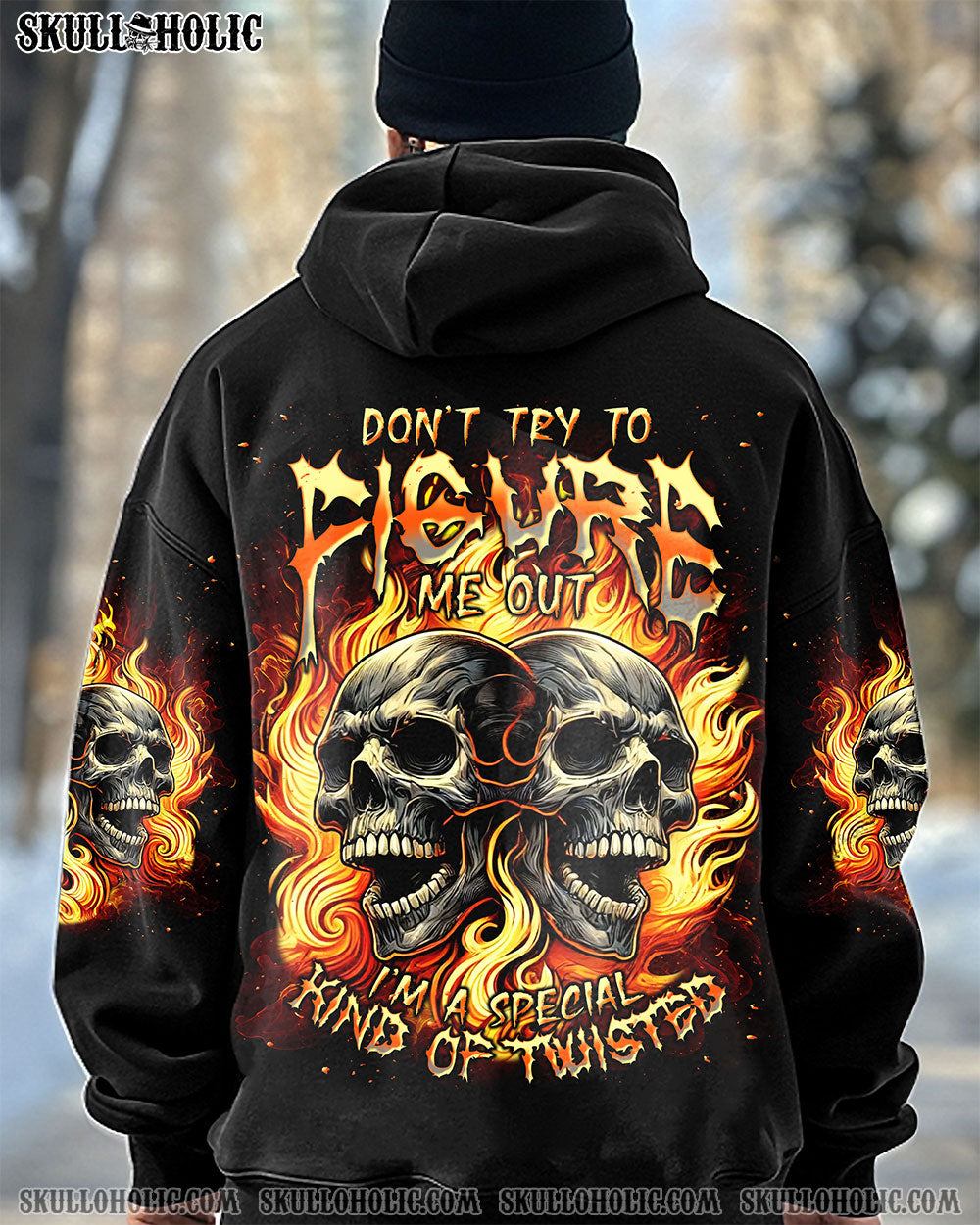 BLISSCORNERS DON'T TRY TO FIGURE ME OUT FIRE SKULL ALL OVER PRINT