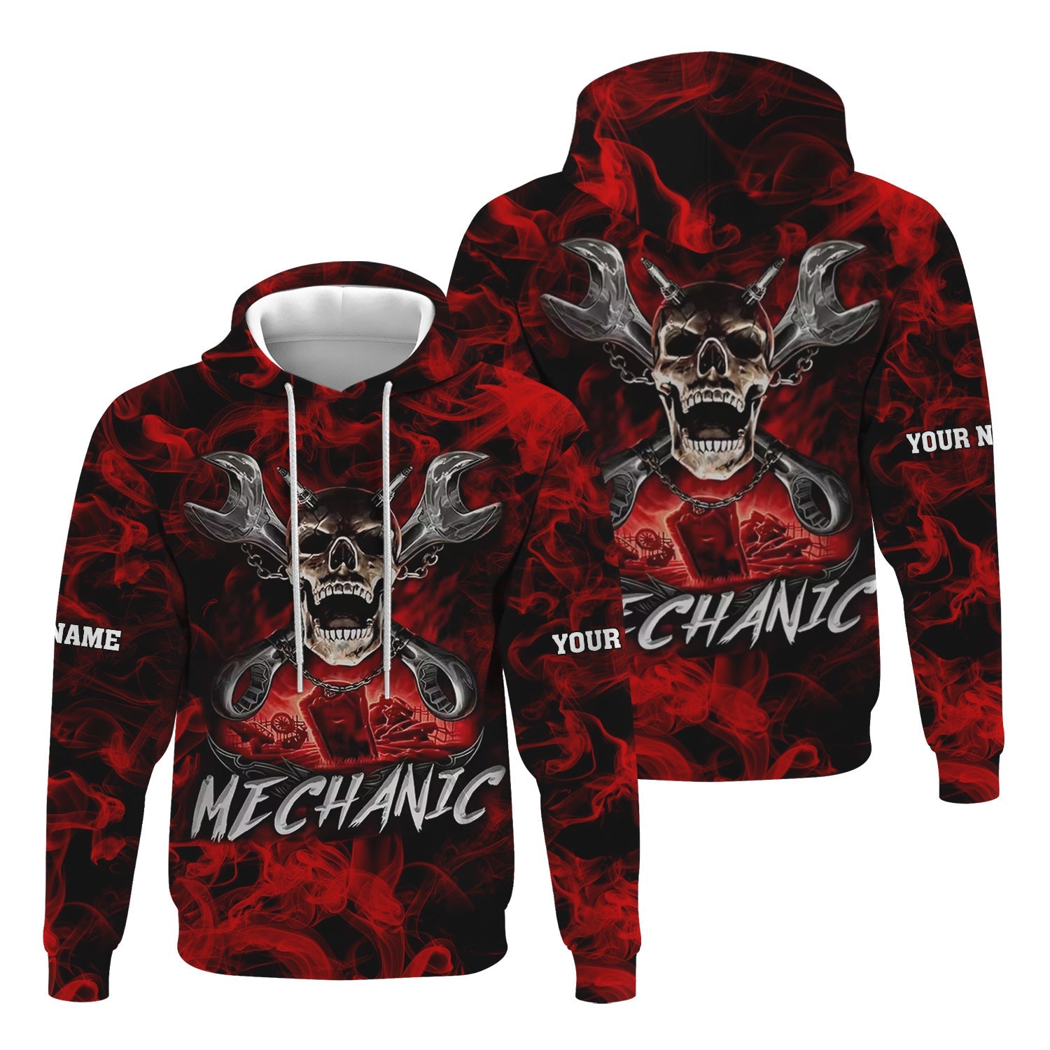 Blisscorners Custom Name Skull Wrench Cross Mechanic Shirt Smoking Style Printed Jacket Hoodie All Over Print
