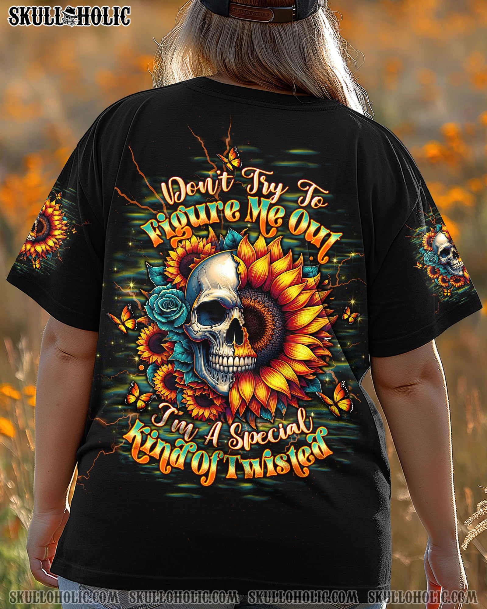 BLISSCORNERS DON'T TRY TO FIGURE ME OUT SKULL SUNFLOWER BLACK ALL OVER PRINT