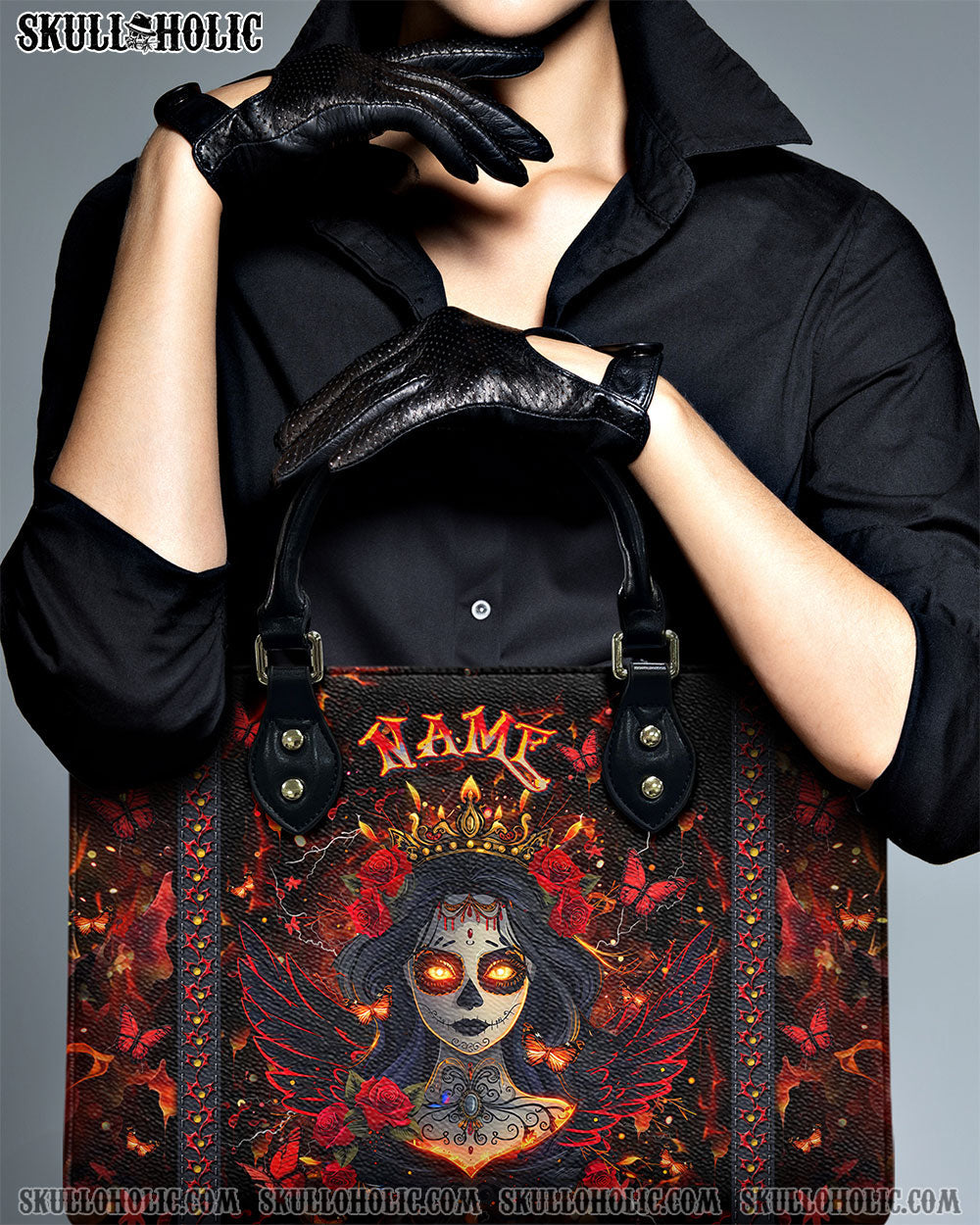 BLISSCORNERS RED BLACK SKULL LADY LEATHER HANDBAG