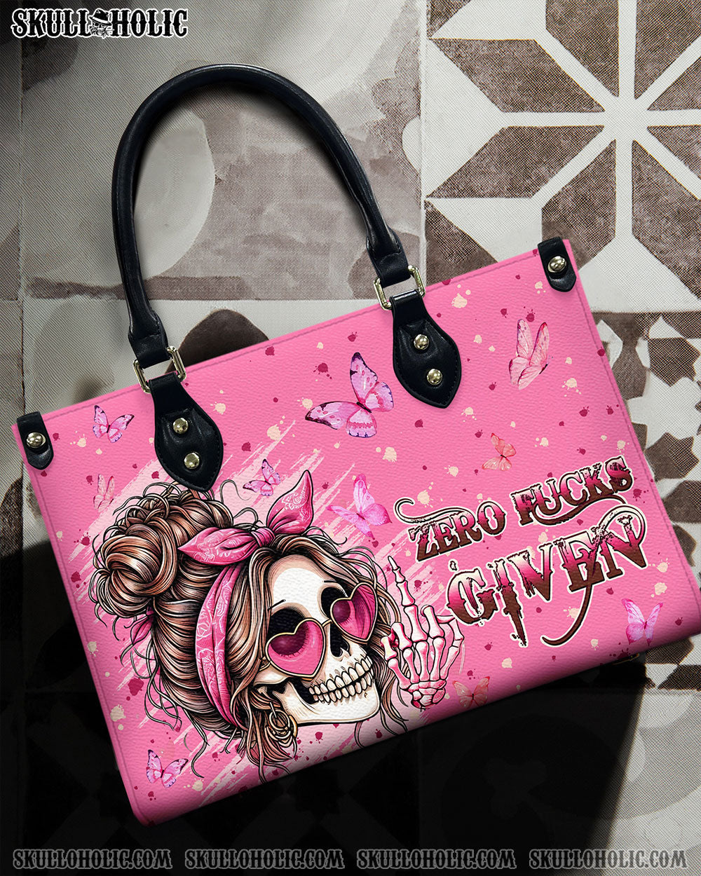 BLISSCORNERS ZERO FCK GIVEN SKULL MESSY BUN LEATHER HANDBAG