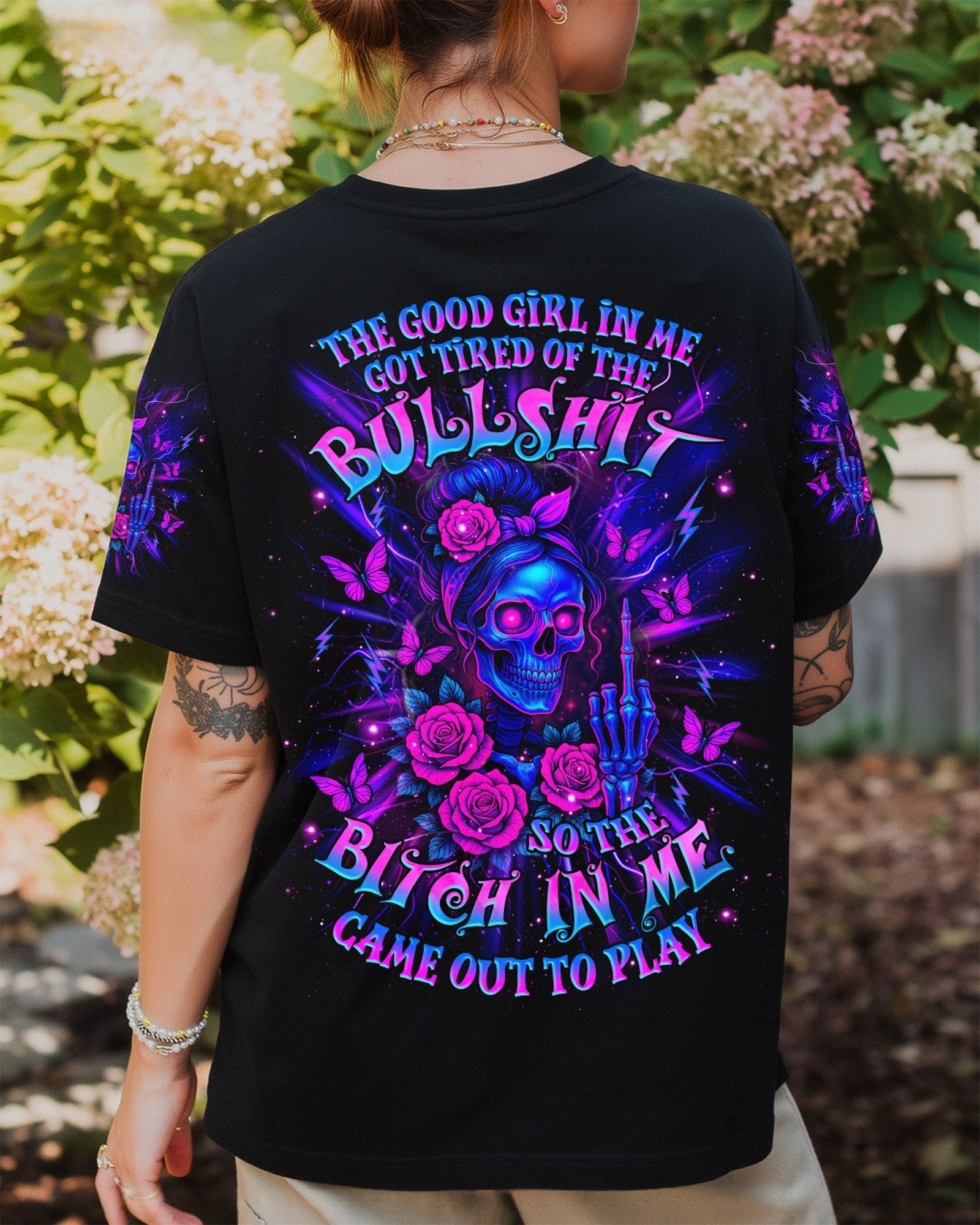 BLISSCORNERS THE GOOD GIRL IN ME SKULL LADY MESSY BUN ALL OVER PRINT