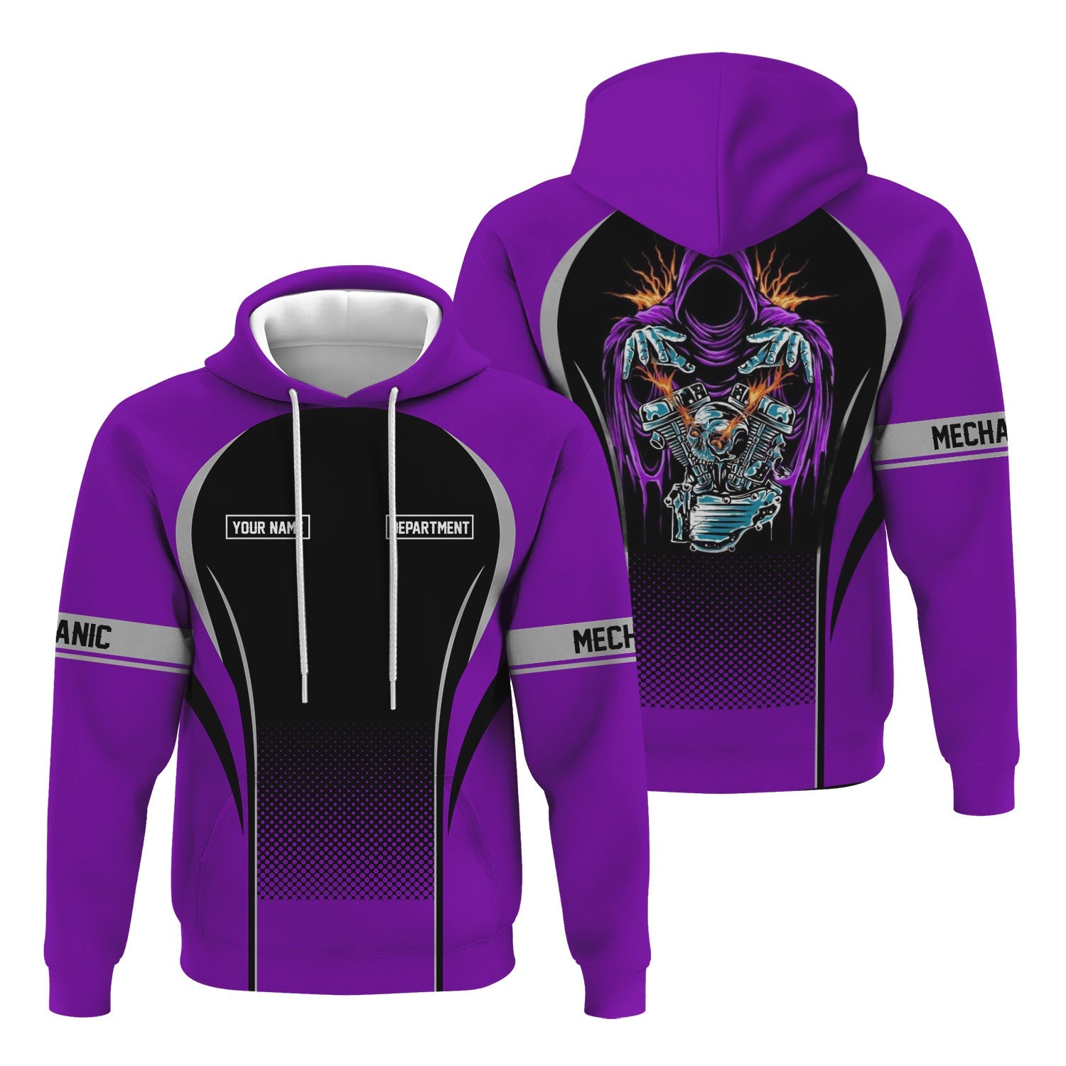 Blisscorners Custom Mechanic Shirt, Personalized Work Uniform, Custom Name & Department, Cool Mechanic Graphic Tee, Purple Engine Skull Design