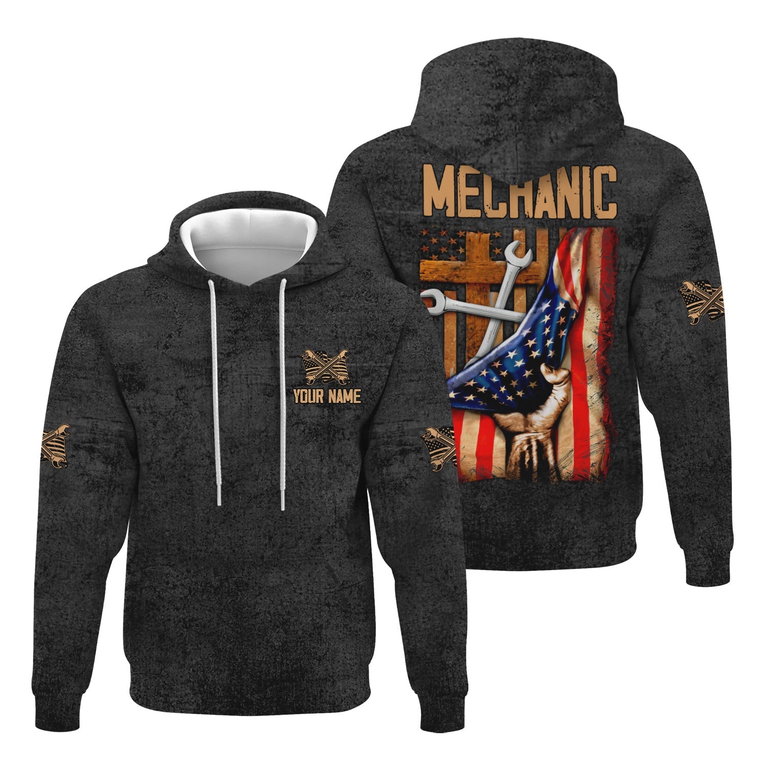 Blisscorners Patriotic Mechanic Shirt, American Flag & Cross Design with Wrenches, Perfect Gift for Christian Mechanics, Car Repair & Garage Fans