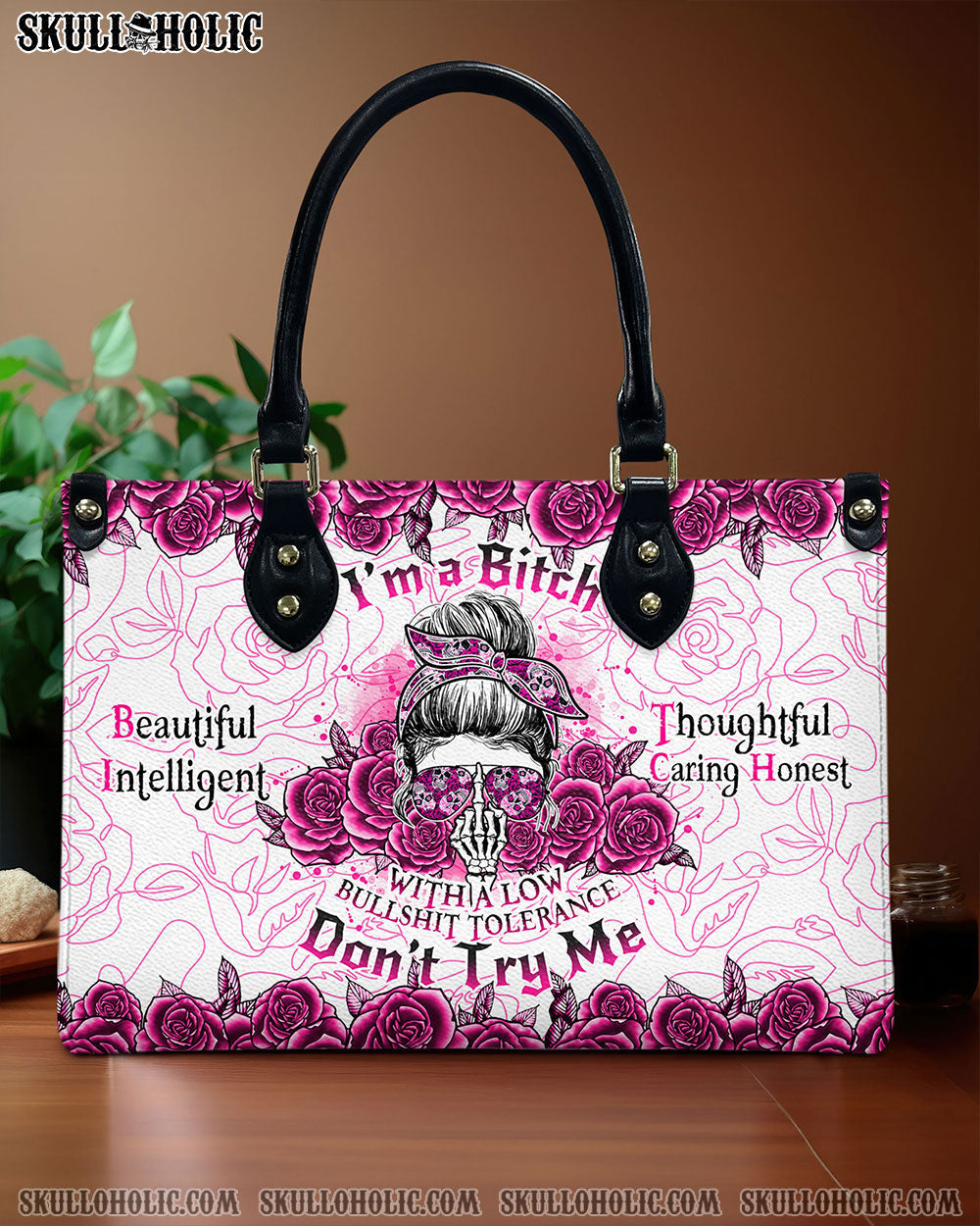 BLISSCORNERS I'M A B DON'T TRY ME ROSE MESSY BUN LEATHER HANDBAG