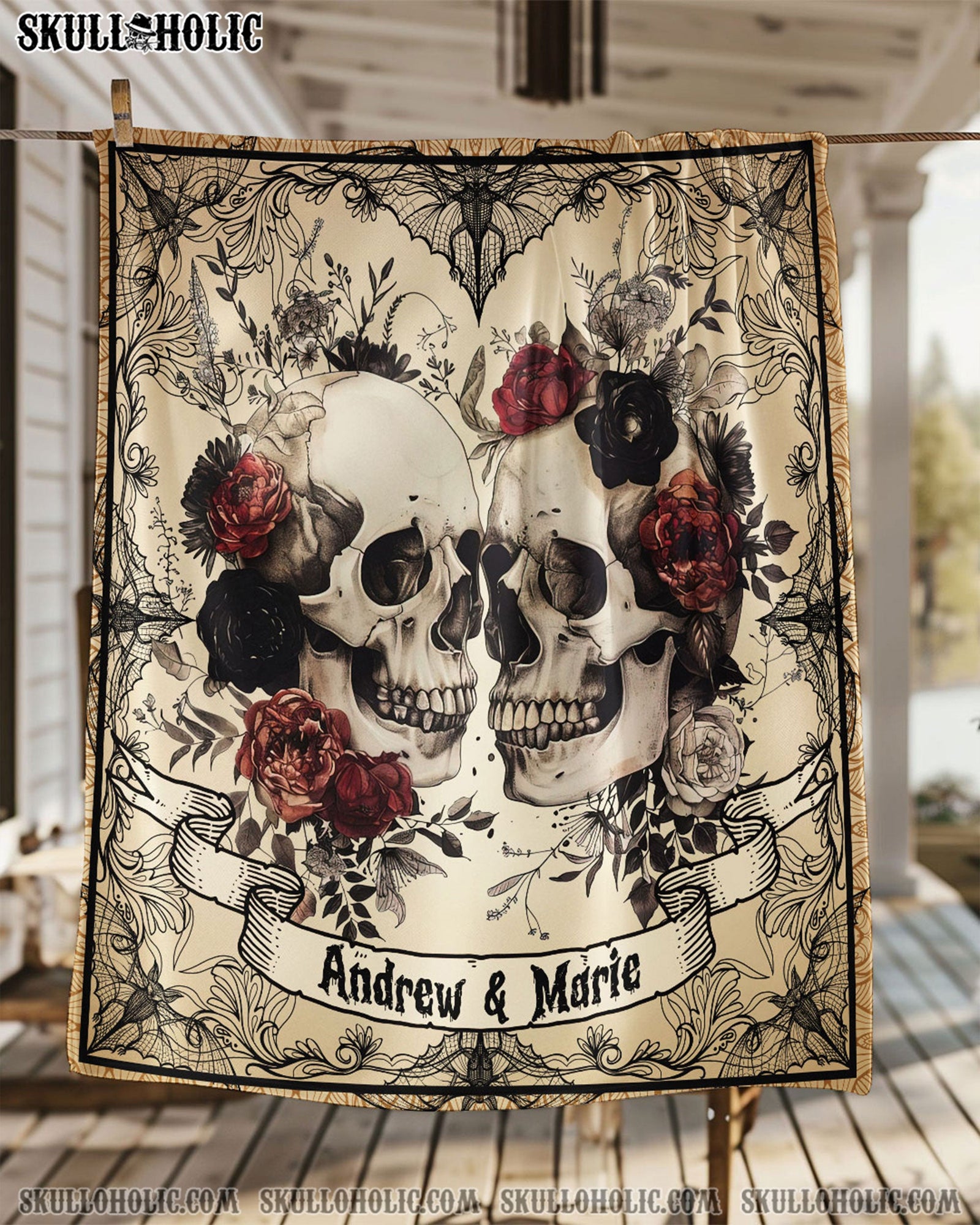 BLISSCORNERS PERSONALIZED SKULL COUPLE FLEECE BLANKET