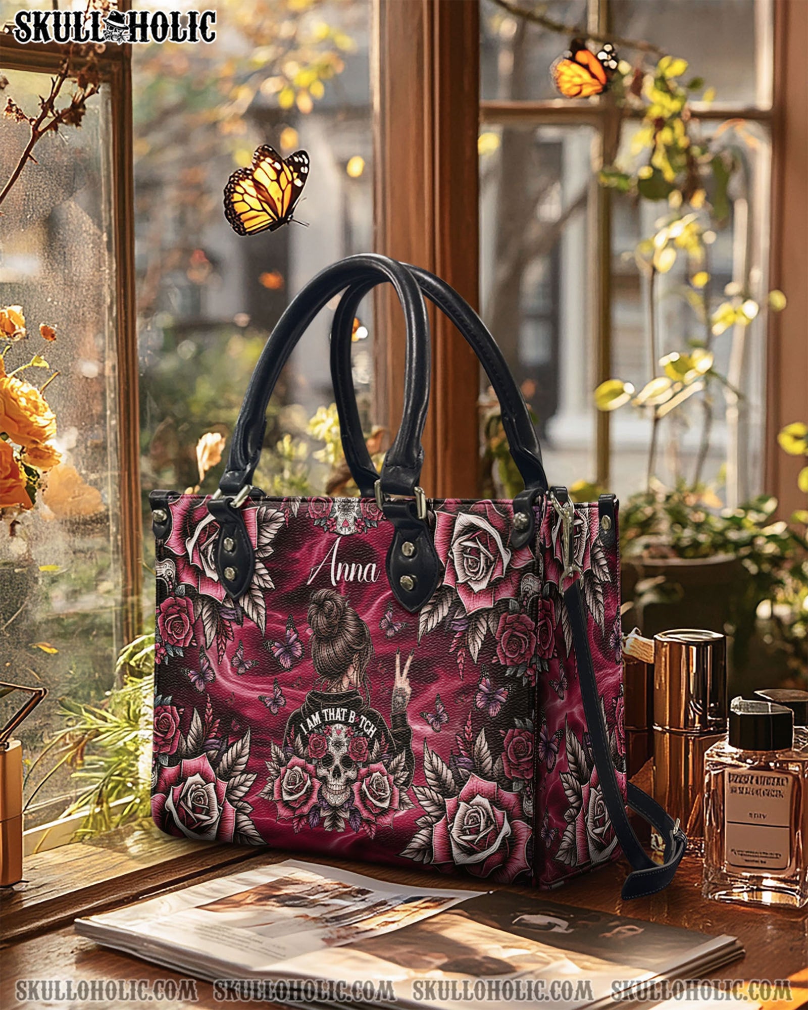 BLISSCORNERS PERSONALIZED I AM THAT B MESSY BUN SKULL LEATHER HANDBAG